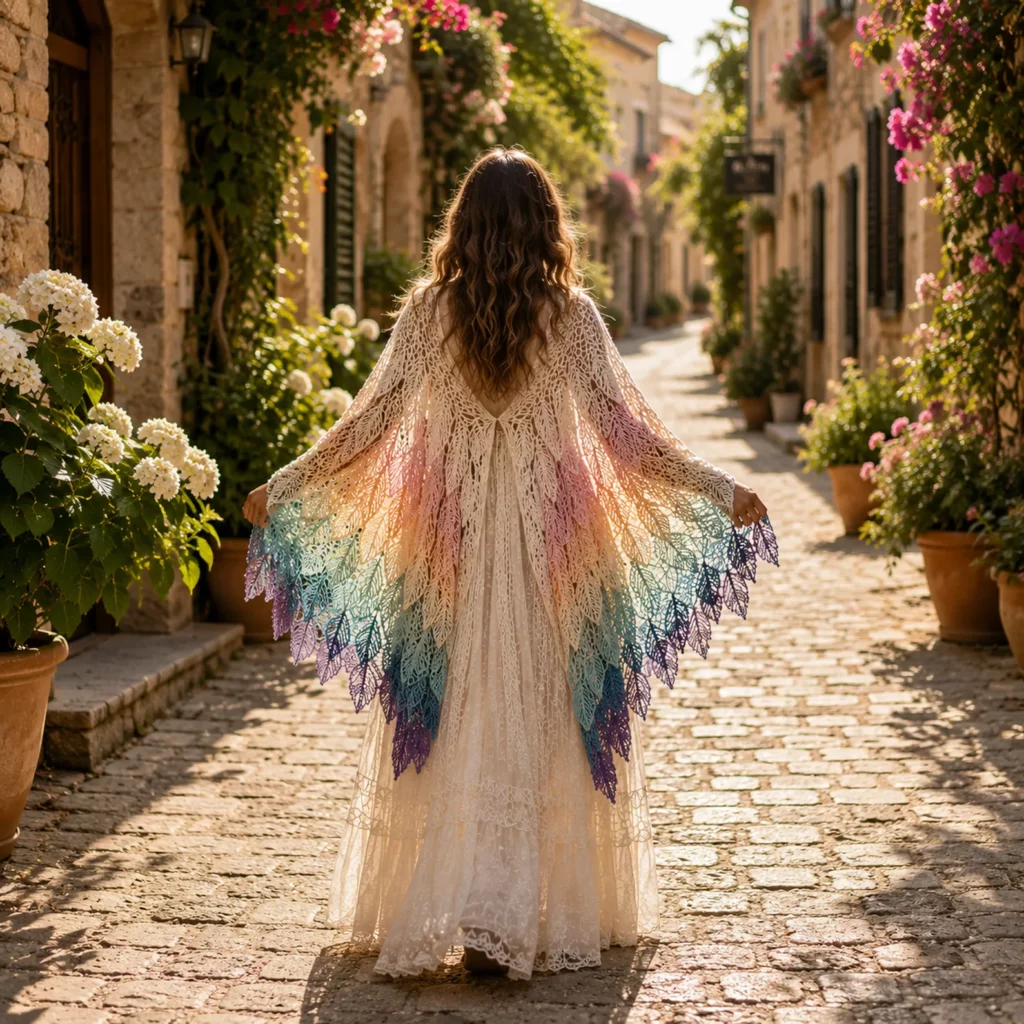Crochet Leaf Cape Shawl Pattern (Free)- Stunning Rainbow Layered Wrap With Feather-Like Lace Motifs 1_result