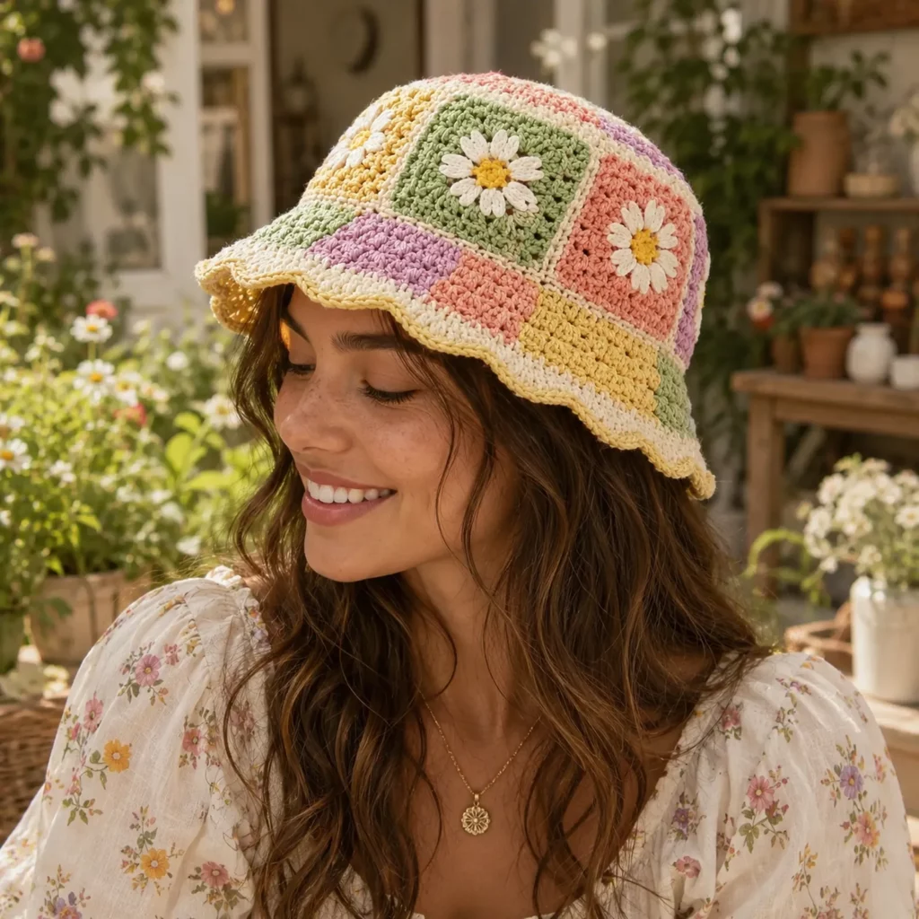 Daisy Patchwork Crochet Bucket Hat Pattern (Free)- A Cute Granny Square Sun Hat With Pastel Panels and Scalloped Brim_result