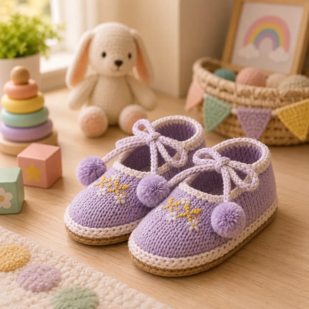 Baby Mary Jane Crochet Shoes Pattern (Free)- Cozy Tie-Up Booties With Pom-Poms and a Soft “Espadrille” Sole Look 2_result