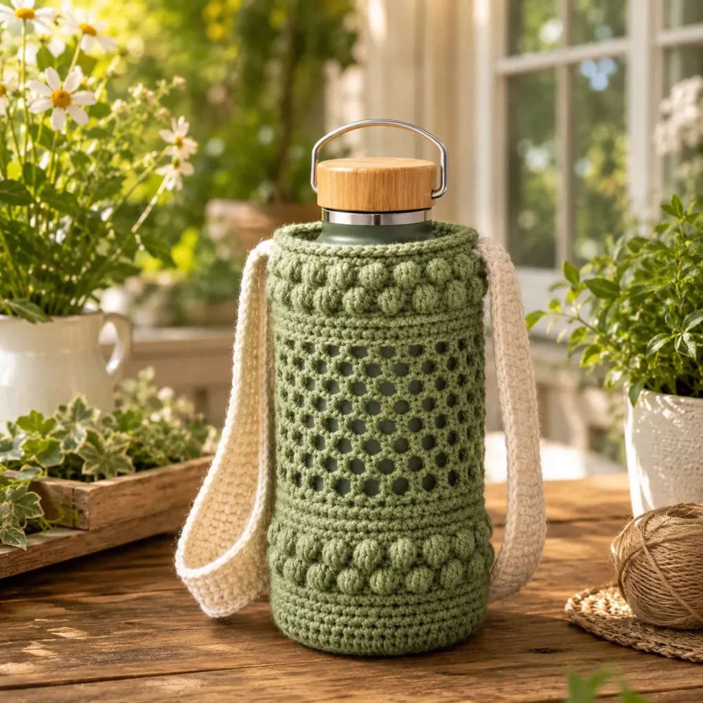 Crochet Water Bottle Holder Pattern (Free)- Easy Mesh Sling With Bobble Texture and Adjustable Strap 1_result