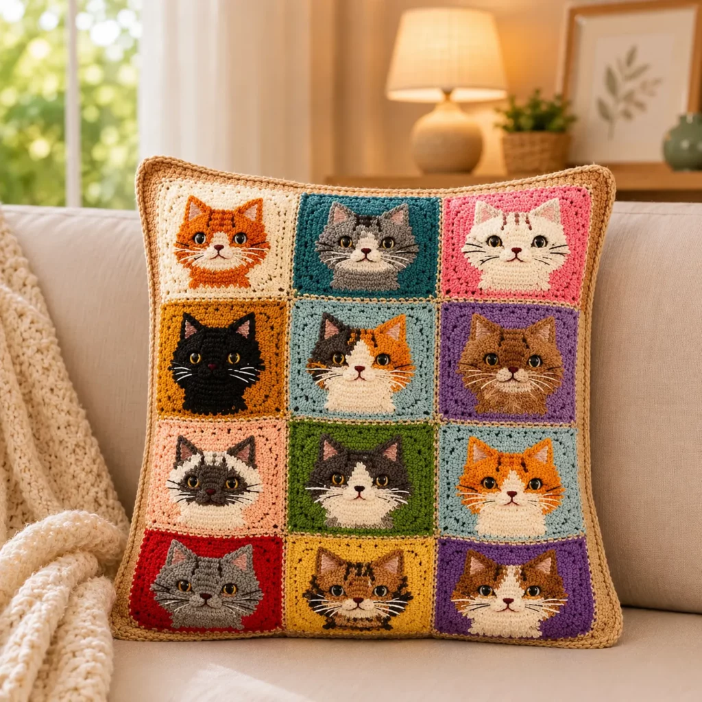 Crochet Pattern for a Cat Granny Square Pillow Cover (Free)- Cozy Patchwork Cushion Crochet Tutorial for Beginners 1_result