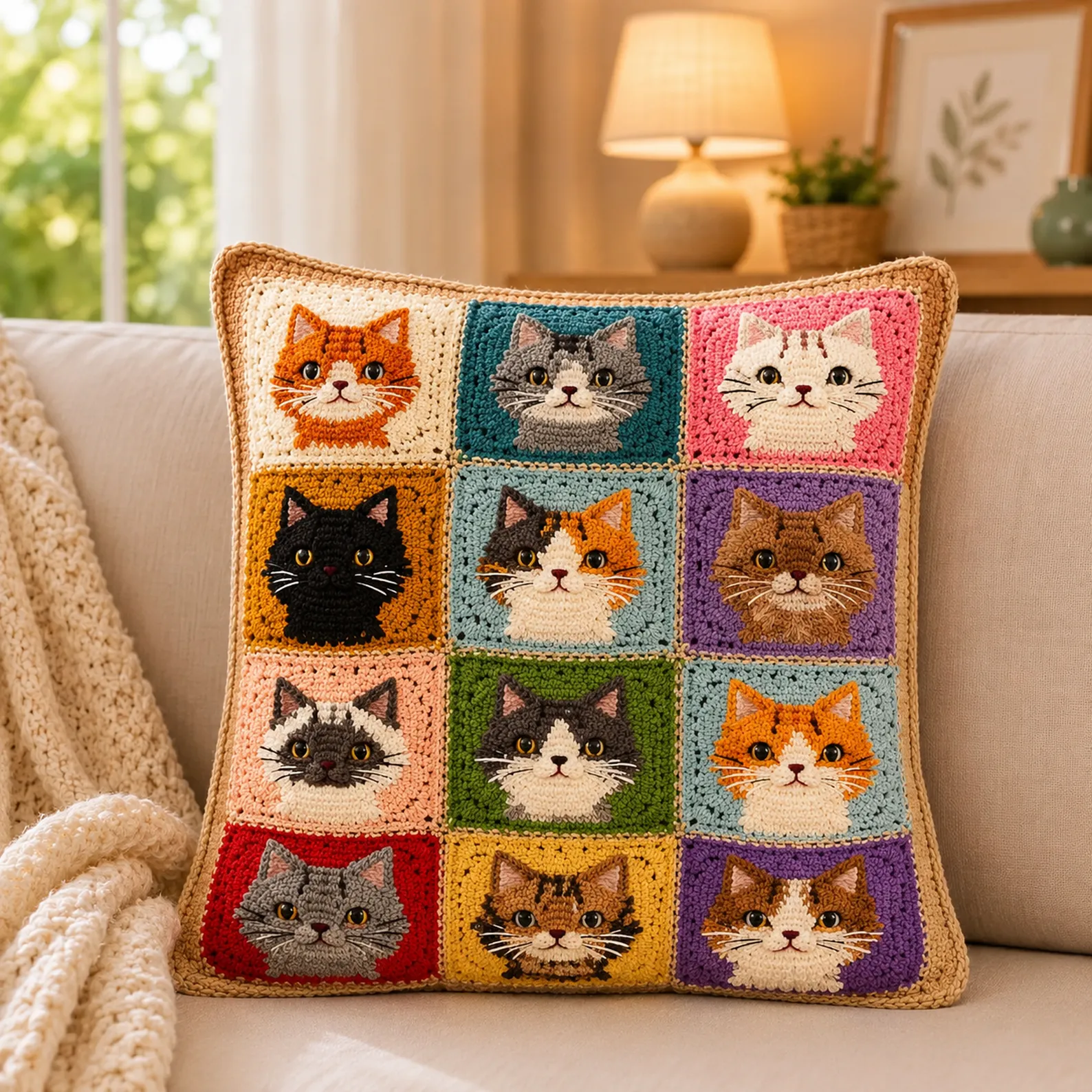 Crochet Pattern for a Cat Granny Square Pillow Cover (Free): Cozy Patchwork Cushion Crochet Tutorial for Beginners