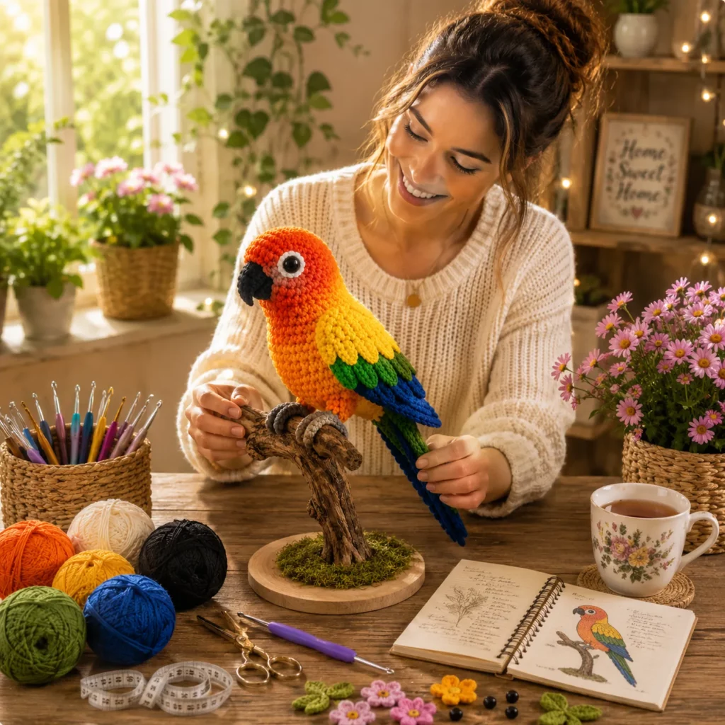 Crochet Parrot Amigurumi Crochet Pattern With Colorful Wings, Big Beak, and Perch Pose 1_result