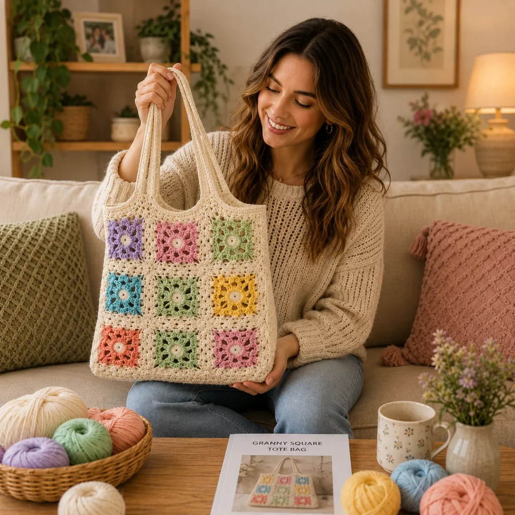 Granny Square Tote Bag Crochet Pattern (Free)- A Colorful Patchwork Market Bag With Strong Straps and a Clean Lined Look 5_result