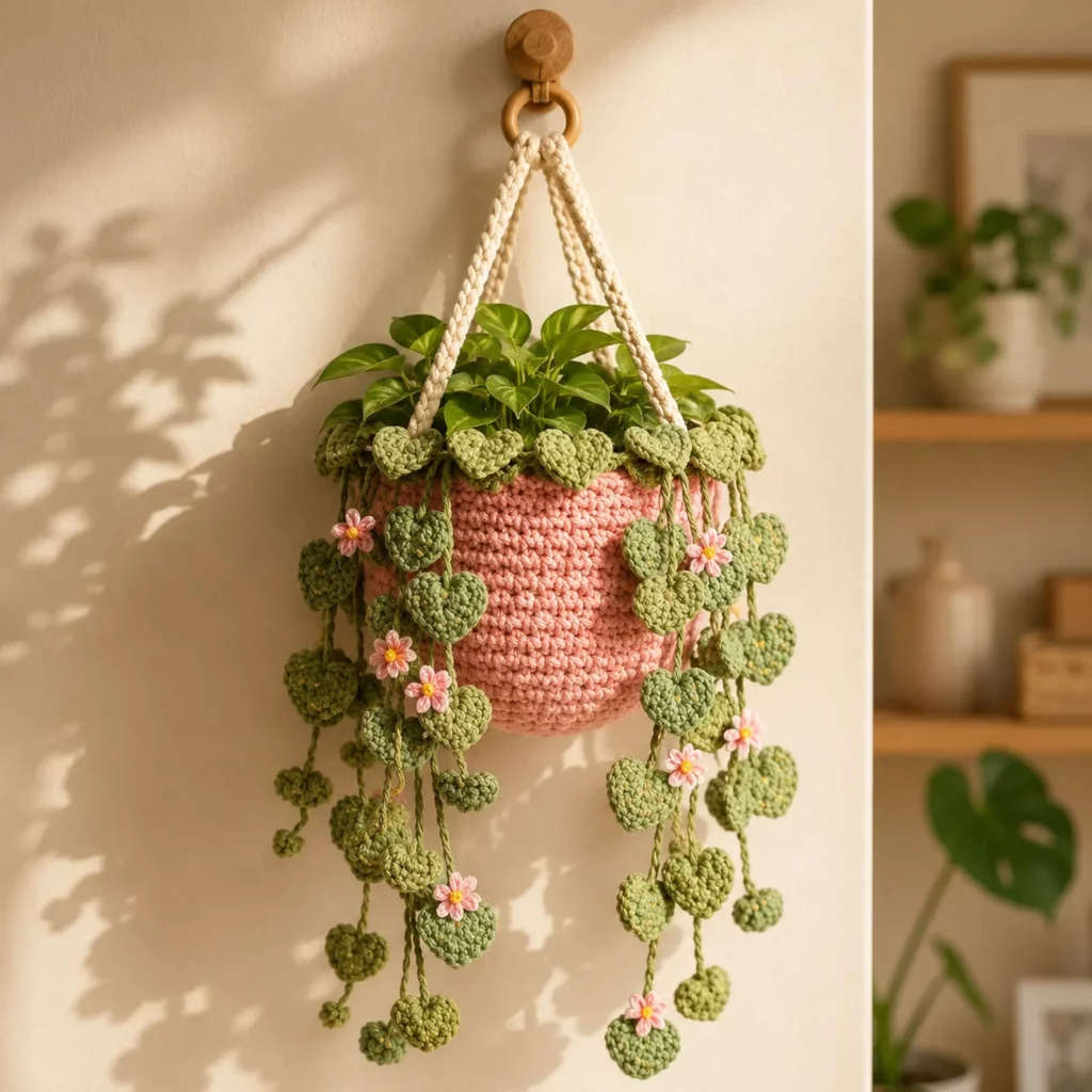 Crochet Pattern for a Hanging Planter Basket With Heart Leaf Vines (Free)- Easy DIY Crochet Plant Hanger Tutorial_result