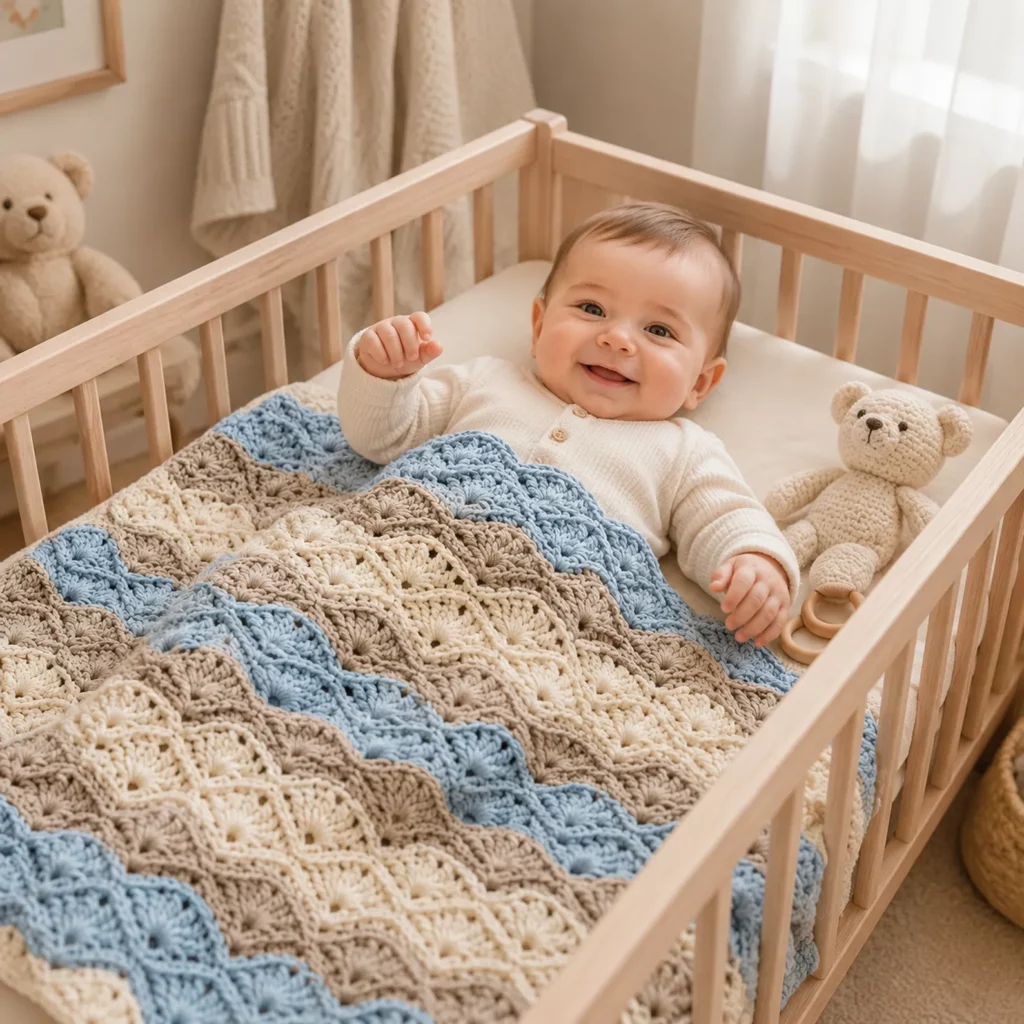 Wave Shell Baby Blanket Crochet Pattern (Free)- Cozy Ripple Stripes With Easy Fan Stitch Texture_result