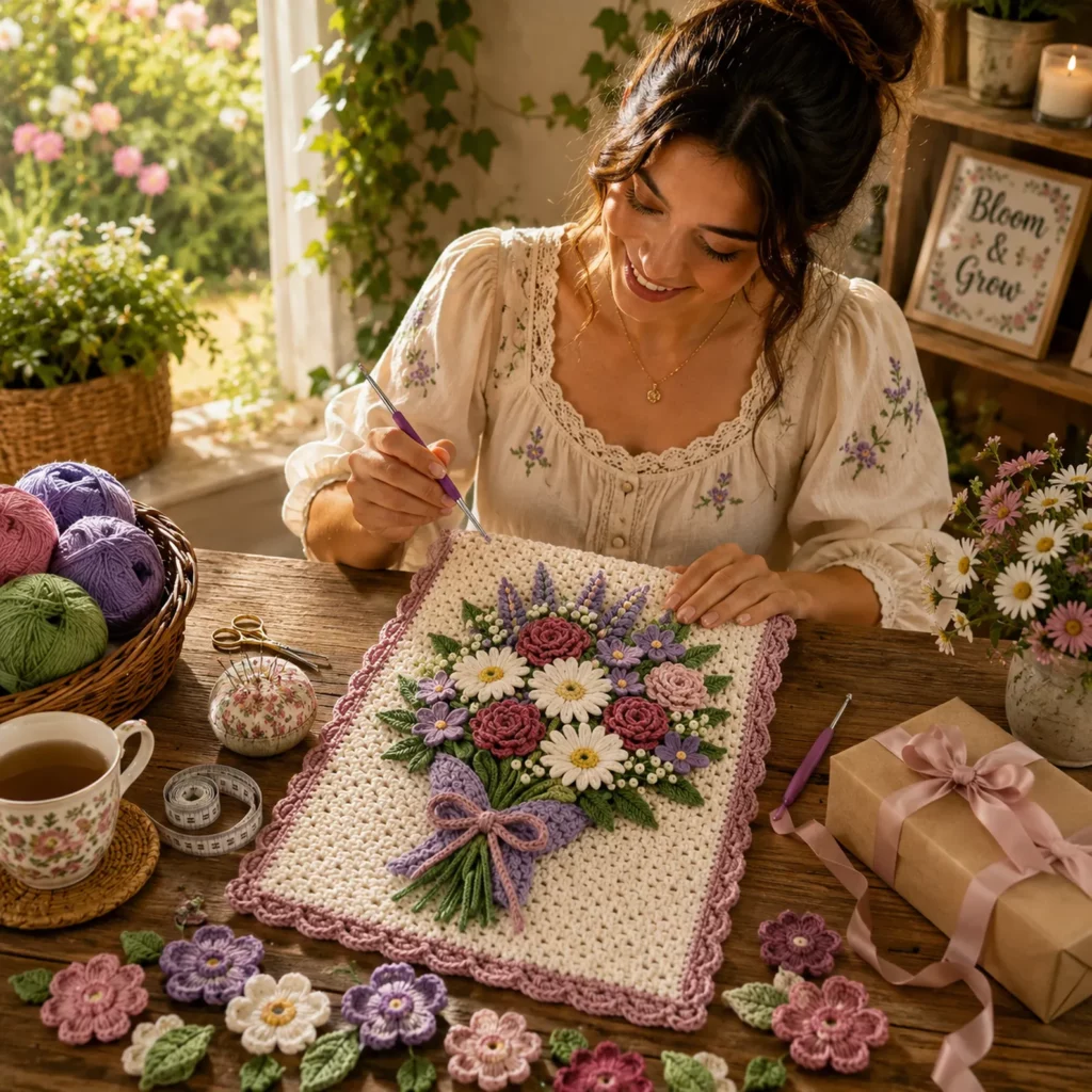 Crochet Bouquet Blanket Panel Crochet Pattern With 3D Flowers, Scalloped Border, and Gift-Ready Charm_result