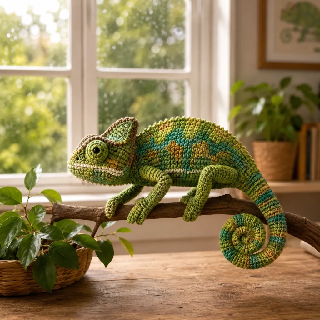 Chameleon Amigurumi Crochet Pattern With Curled Tail, Colorwork Spots, and Branch-Pose Legs2_result