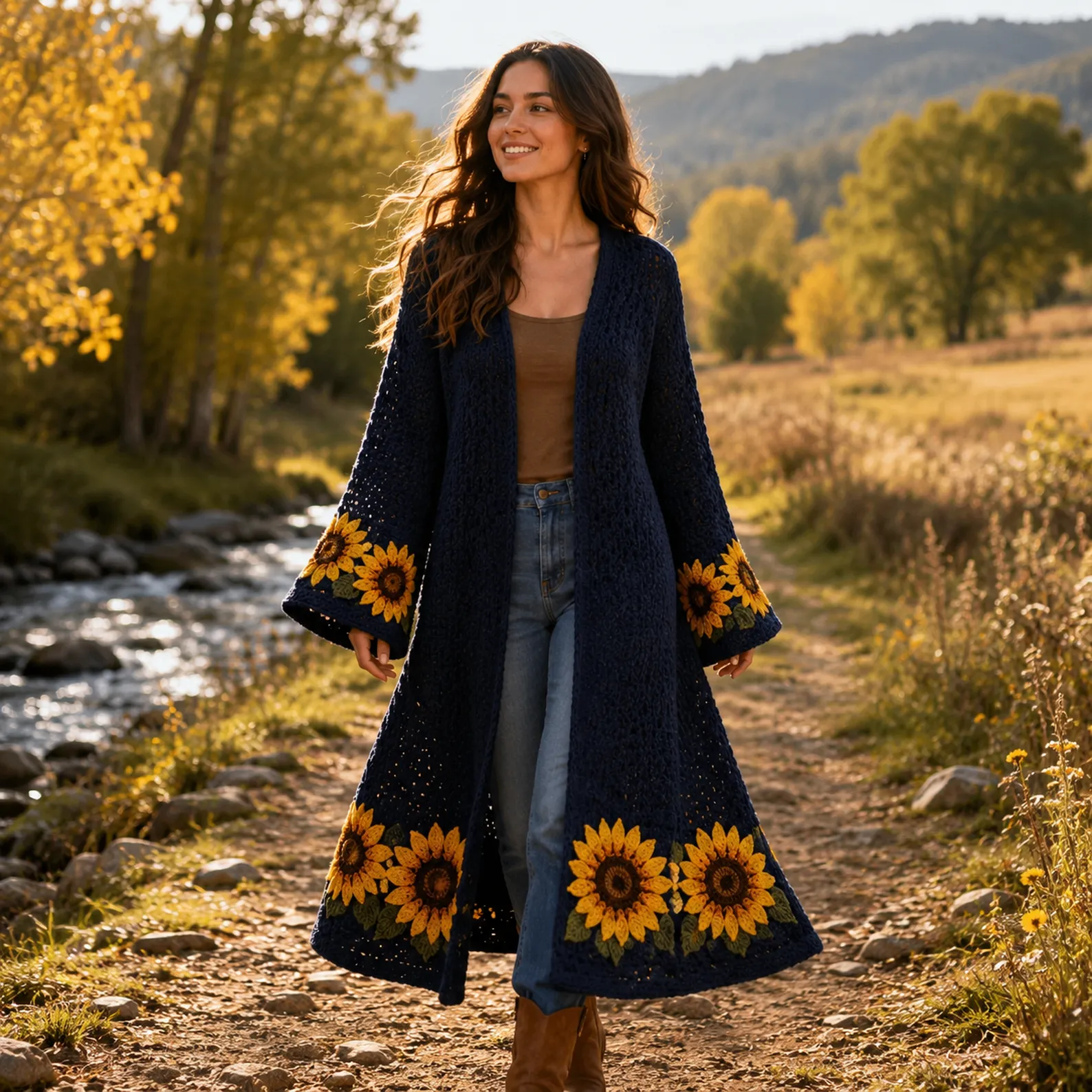 Sunflower Duster Cardigan Crochet Pattern (Free)- A Dramatic Long Coat With Bell Sleeves and Bold Floral Borders_result
