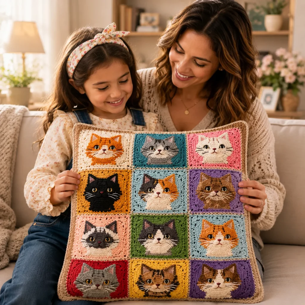 Crochet Pattern for a Cat Granny Square Pillow Cover (Free)- Cozy Patchwork Cushion Crochet Tutorial for Beginners 2_result