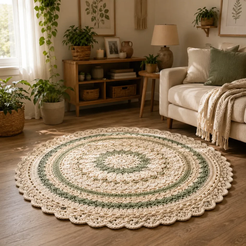 Crochet Pattern for a Round Lace Mandala Rug (Free)- Elegant Scalloped Floor Doily Rug Tutorial for Beginners_result