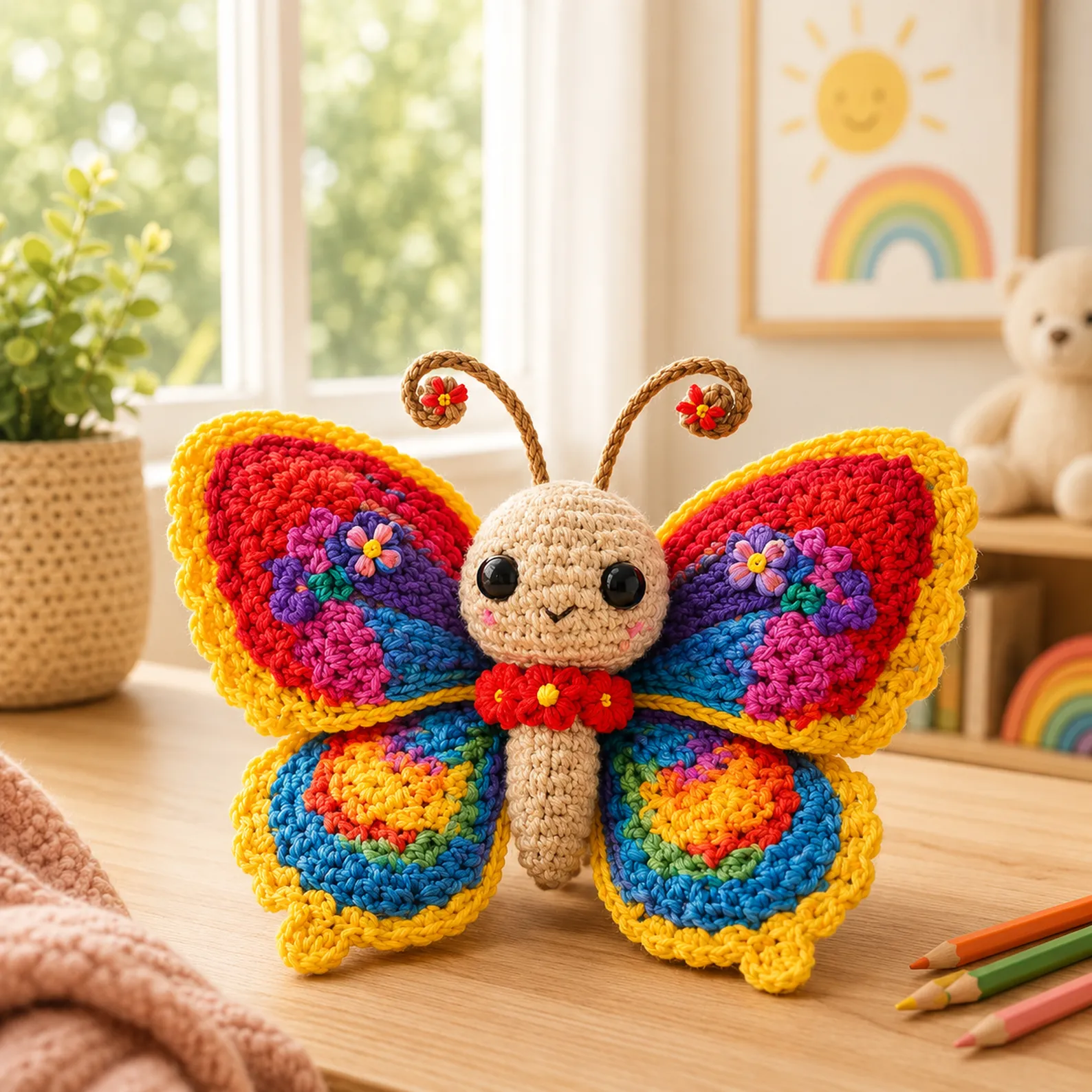 Crochet Butterfly Amigurumi Crochet Pattern With Rainbow Wings, Scalloped Edging, and Cute Antennae