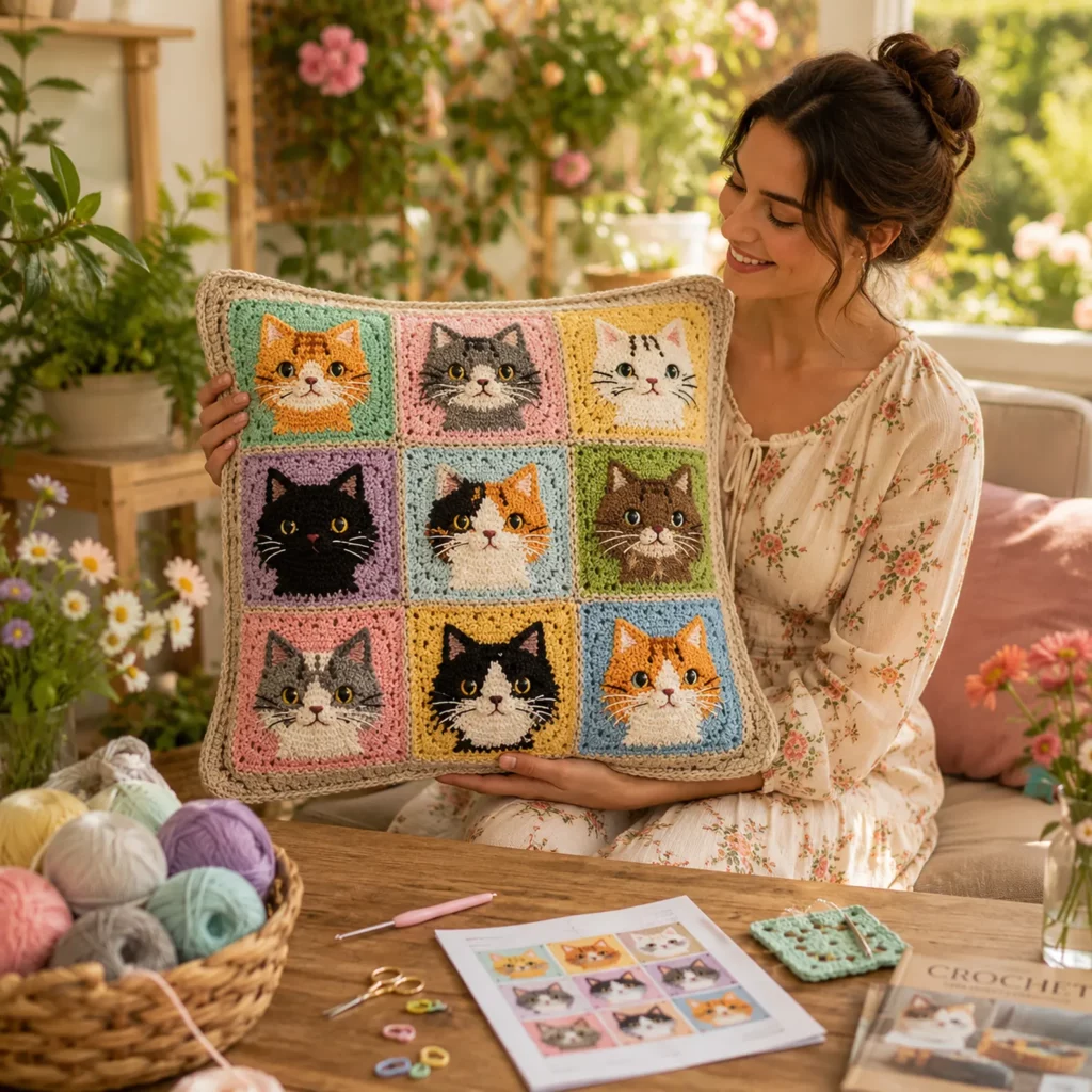 Crochet Pattern for a Cat Granny Square Pillow Cover (Free)- Cozy Patchwork Cushion Crochet Tutorial for Beginners_result