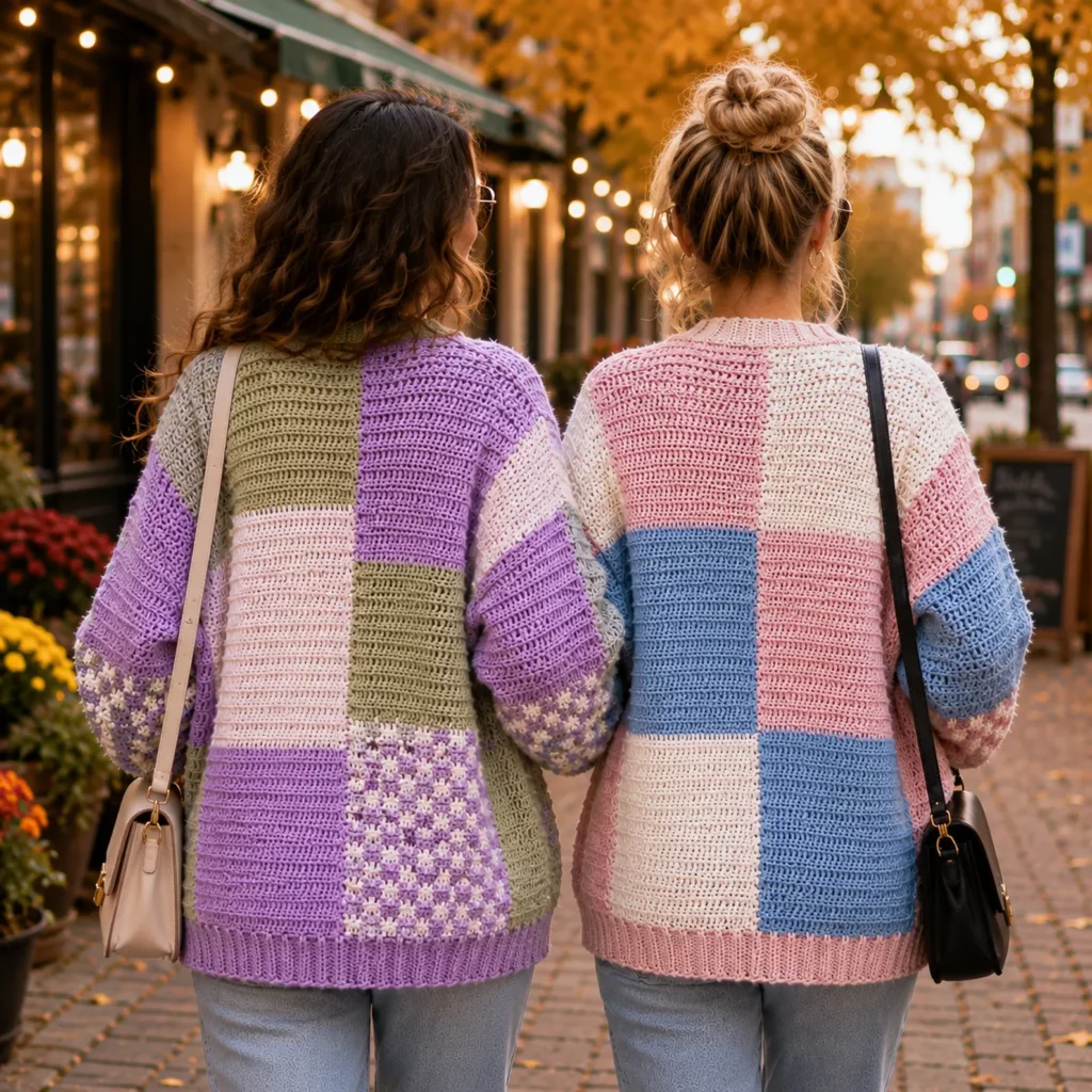 Cozy Checkerboard Patchwork Crochet Cardigan Pattern 2