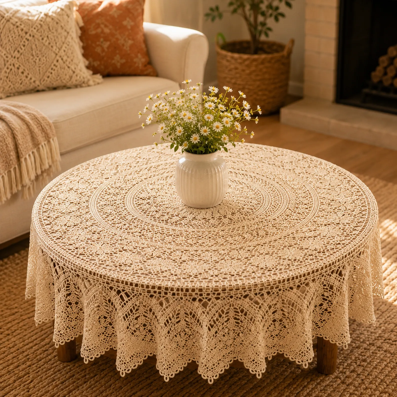 Heirloom Lace Round Tablecloth Crochet Pattern (Free): Elegant Sunburst Center With Floral Rings and Scalloped Draped Edge