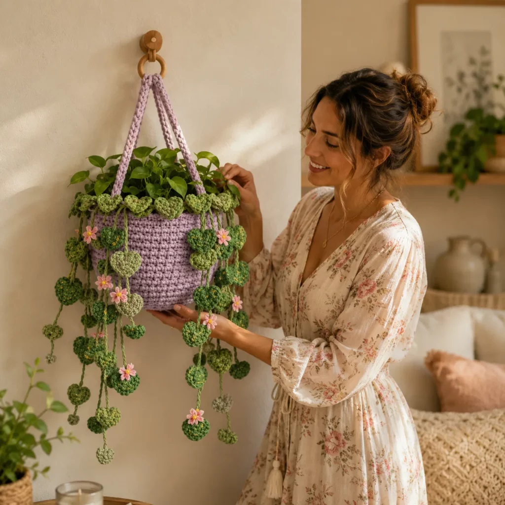 Crochet Pattern for a Hanging Planter Basket With Heart Leaf Vines (Free)- Easy DIY Crochet Plant Hanger Tutorial 1_result