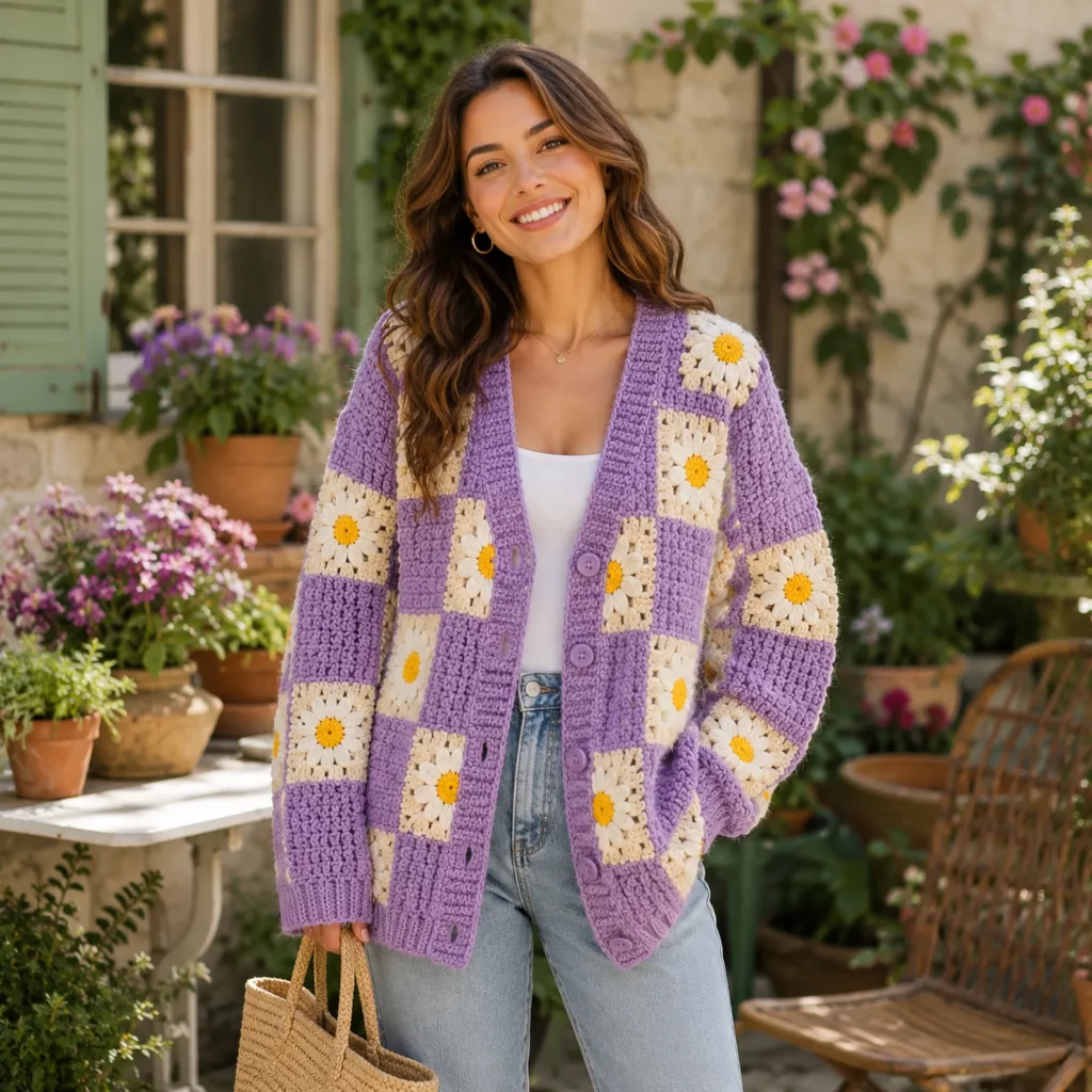 Daisy Granny Square Cardigan Crochet Pattern (Free)- A Bold Retro Patchwork Sweater With Ribbed Edges and Buttons 1_result