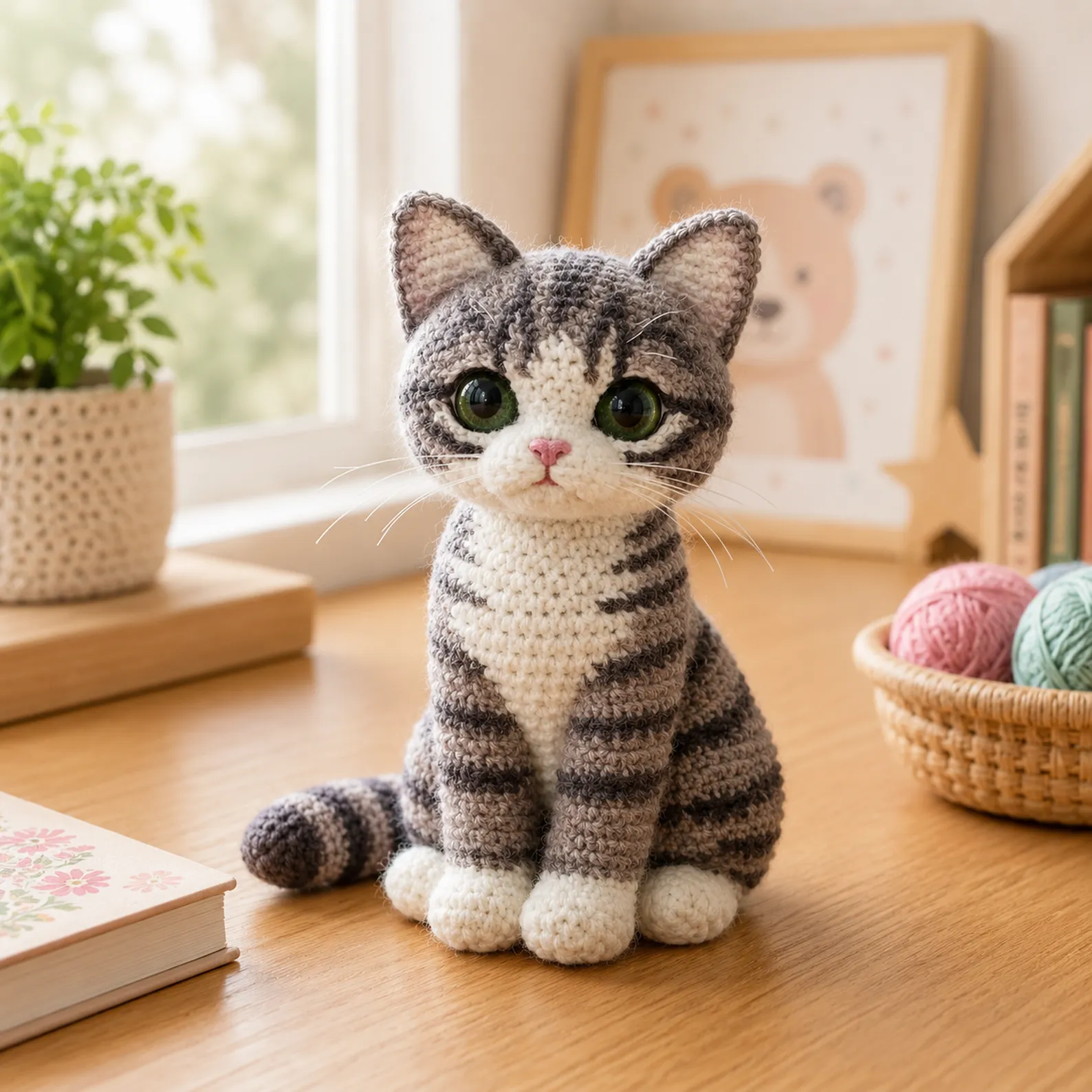 Tabby Cat Amigurumi Crochet Pattern (Free): A Cute Realistic Kitty Plush With Big Eyes, Stripes, White Paws, and Curly Tail