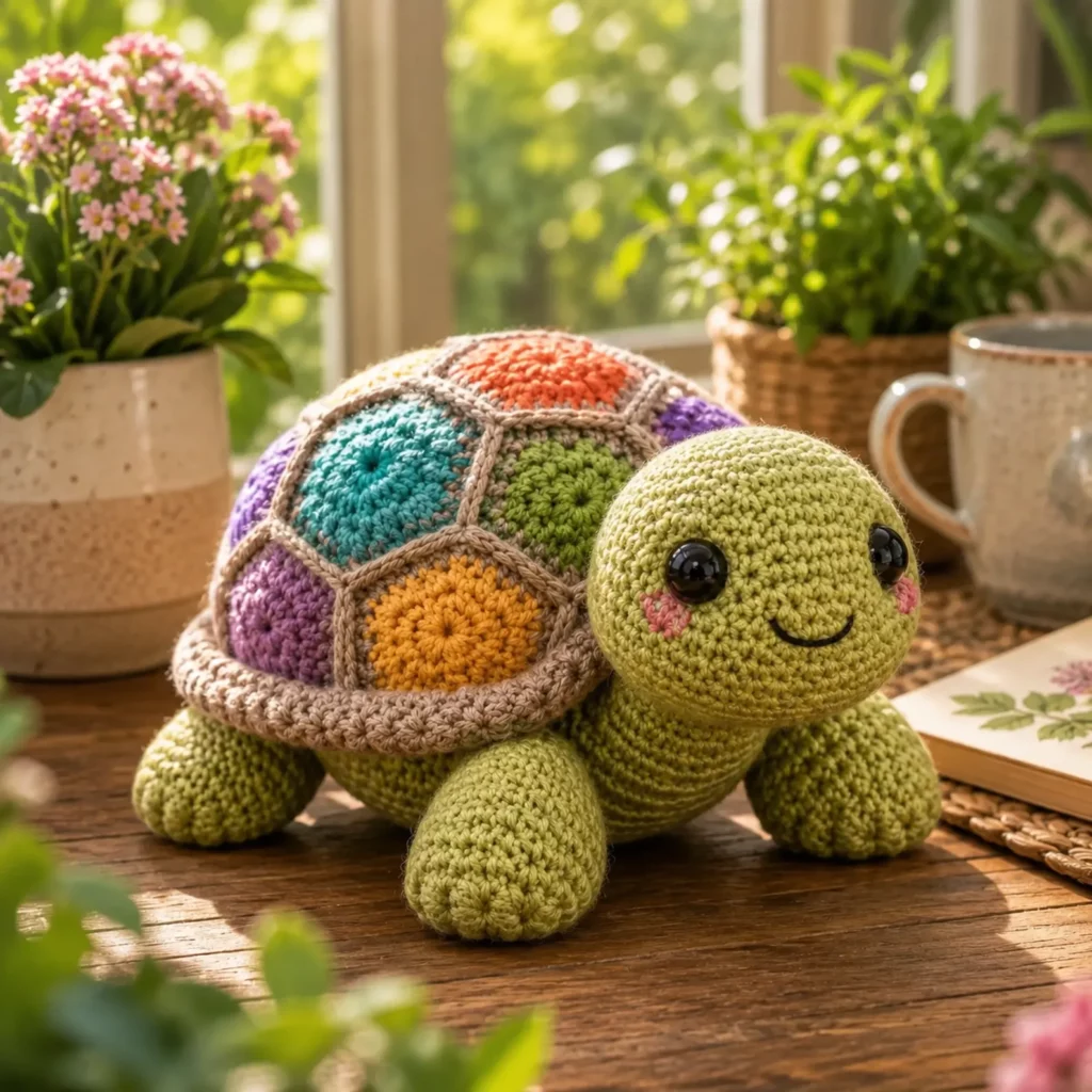 Patchwork Turtle Amigurumi Crochet Pattern (Free)- A Cute Plush Turtle With Granny Hexagon Shell and Chubby Legs_result