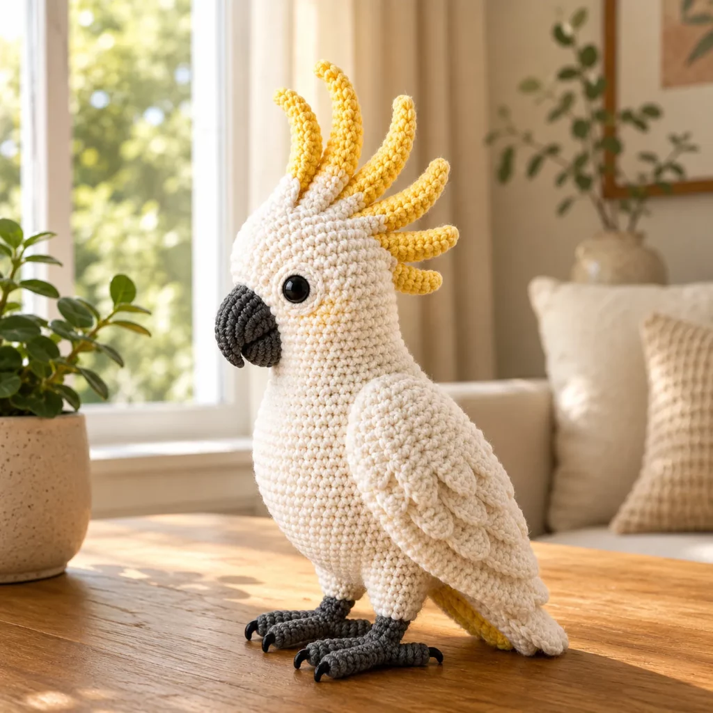 Cockatoo Amigurumi Crochet Pattern With Yellow Crest, Layered Wings, and Curved Beak_result