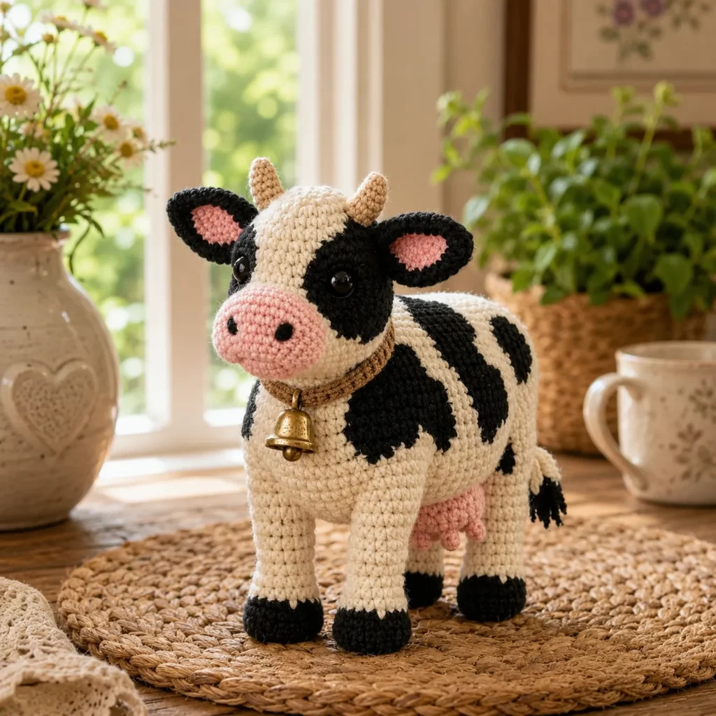 Cow Amigurumi Crochet Pattern (Free)- Cute Black-and-White Plush Cow With Pink Snout, Little Horns, Bell Collar, and Udder 1_result
