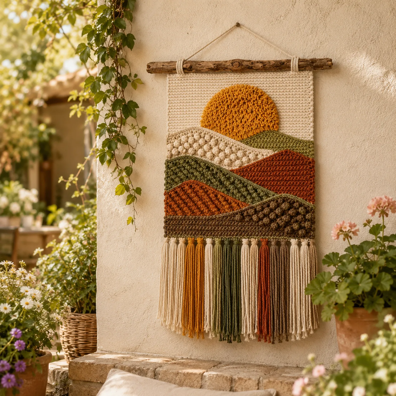 Sunset Landscape Crochet Wall Hanging Crochet Pattern With Textured Hills and Fringe
