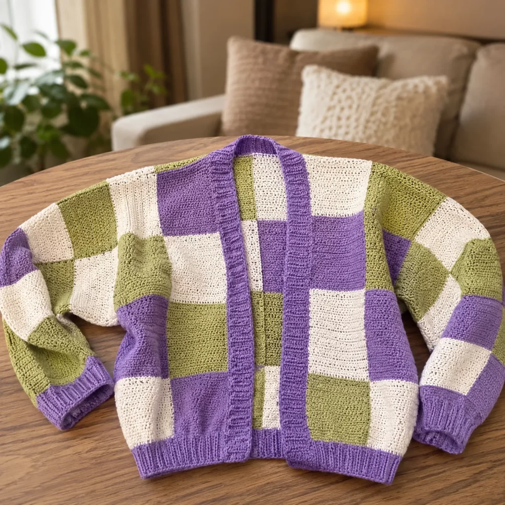 Cozy Checkerboard Patchwork Crochet Cardigan Pattern