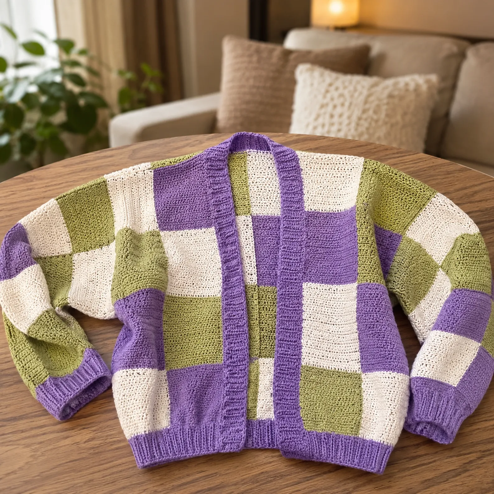 Cozy Checkerboard Patchwork Crochet Cardigan Pattern