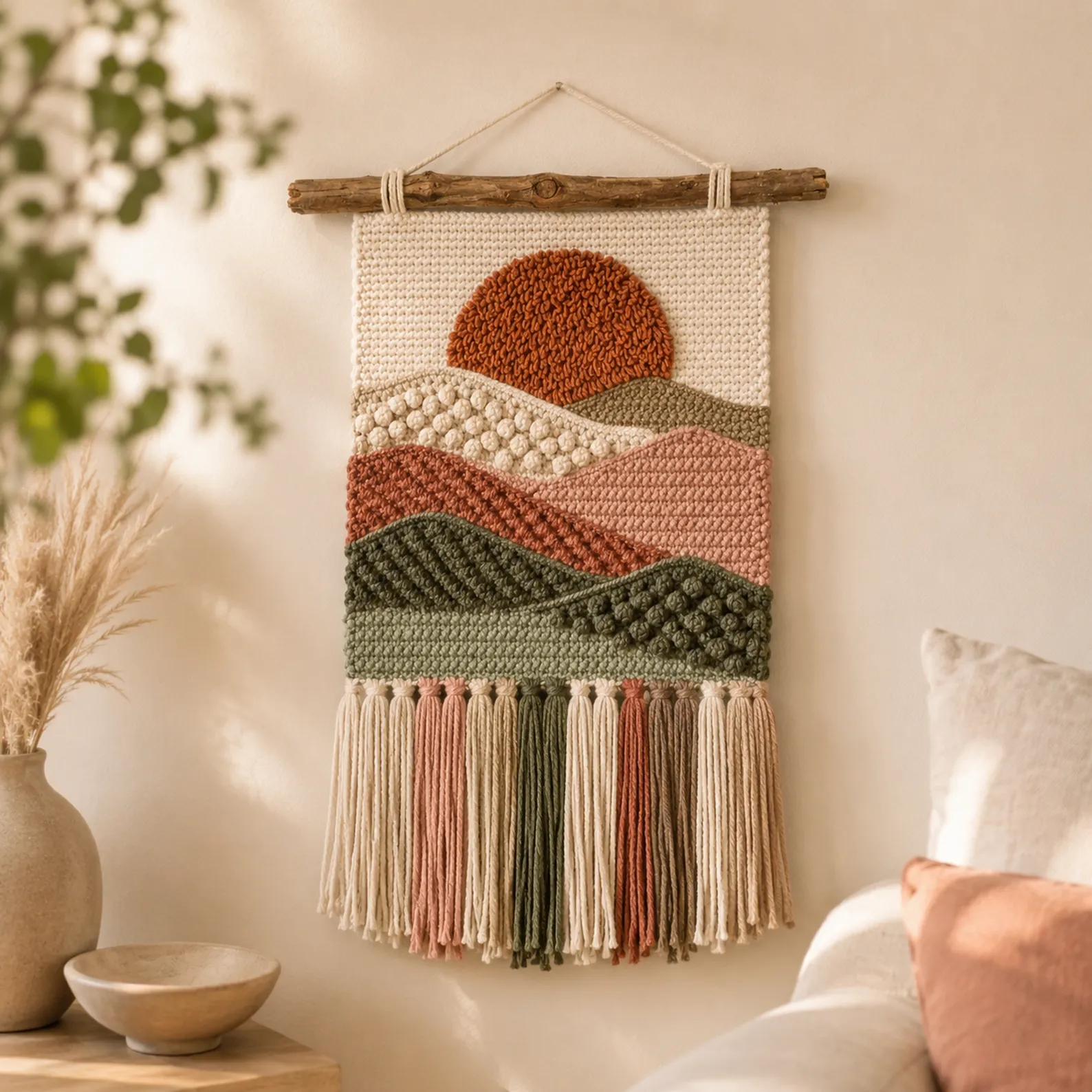 Sunset Landscape Crochet Wall Hanging Crochet Pattern With Textured Hills and Fringe_result