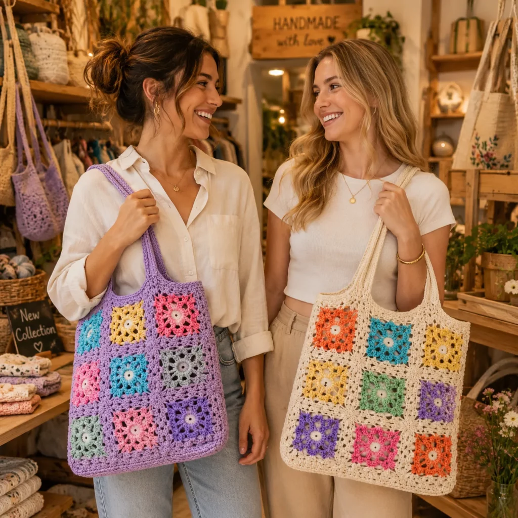 Granny Square Tote Bag Crochet Pattern (Free)- A Colorful Patchwork Market Bag With Strong Straps and a Clean Lined Look 3_result