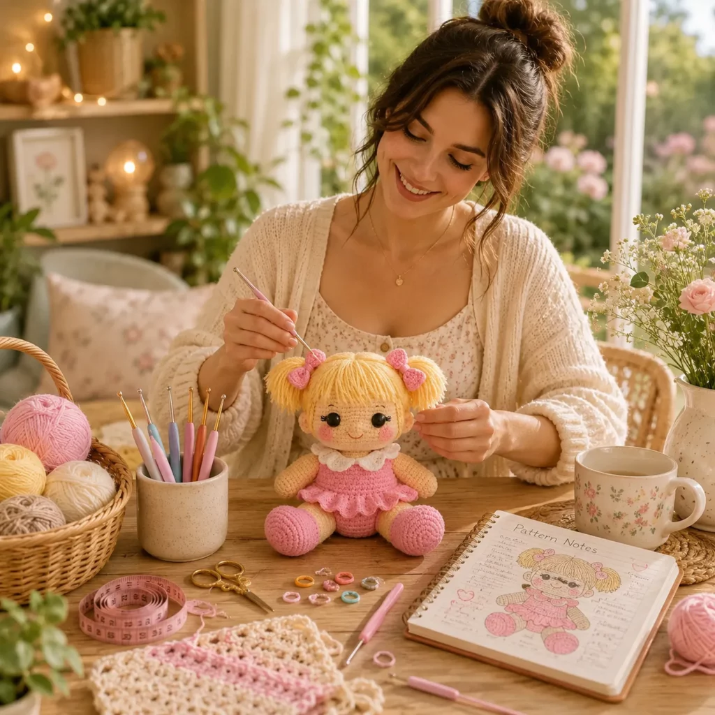 Crochet Doll Amigurumi Crochet Pattern With Pigtails, Pink Dress, and Sweet Ruffle Collar 1_result