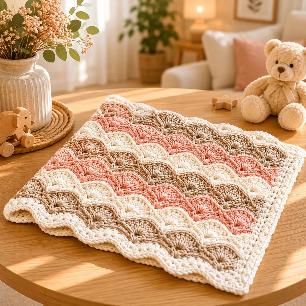 Wave Shell Baby Blanket Crochet Pattern (Free)- Cozy Ripple Stripes With Easy Fan Stitch Texture_result