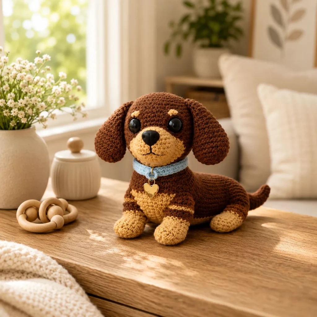 Dachshund Puppy Amigurumi Crochet Pattern With Floppy Ears, Colorwork Markings, and a Cute Collar 2_result