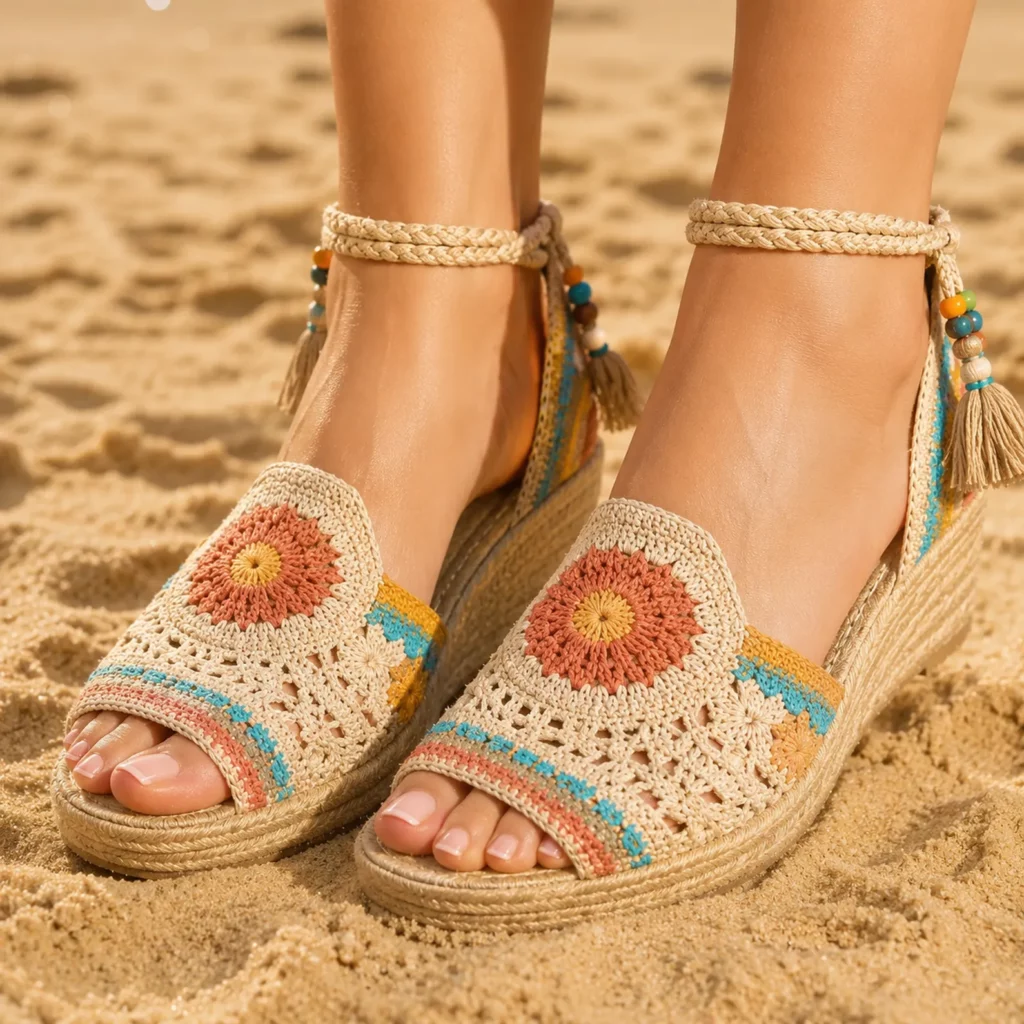 Boho Crochet Wedge Sandals Pattern (Free)- Floral Lace Uppers With Ankle Straps for a Cute, Secure Summer Fit_result