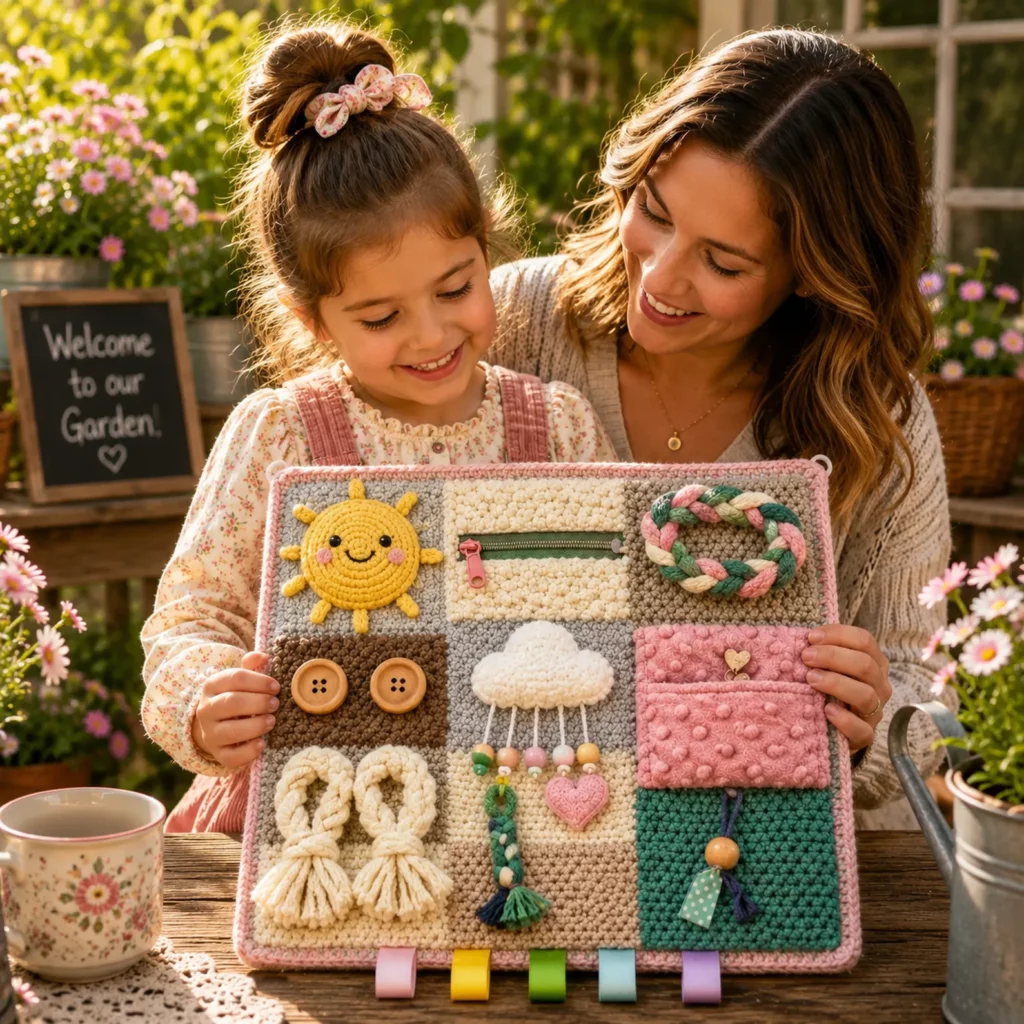 Crochet Sensory Busy Board Blanket Pattern (Free)- DIY Activity Lap Mat With Zipper, Buttons, Braids, and Texture Squares 2_result