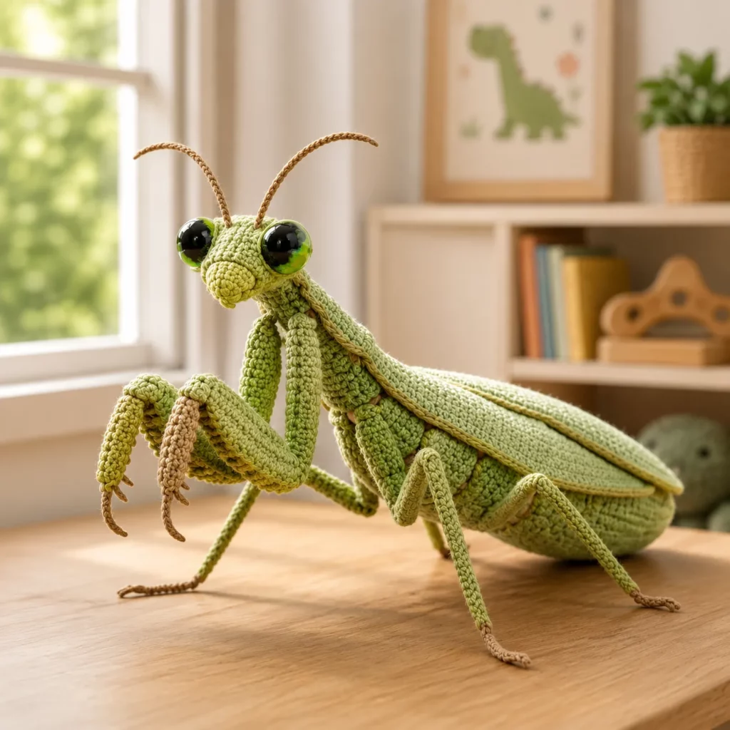 Praying Mantis Amigurumi Crochet Pattern With Big Eyes, Folded Arms, and Realistic Wings 2_result