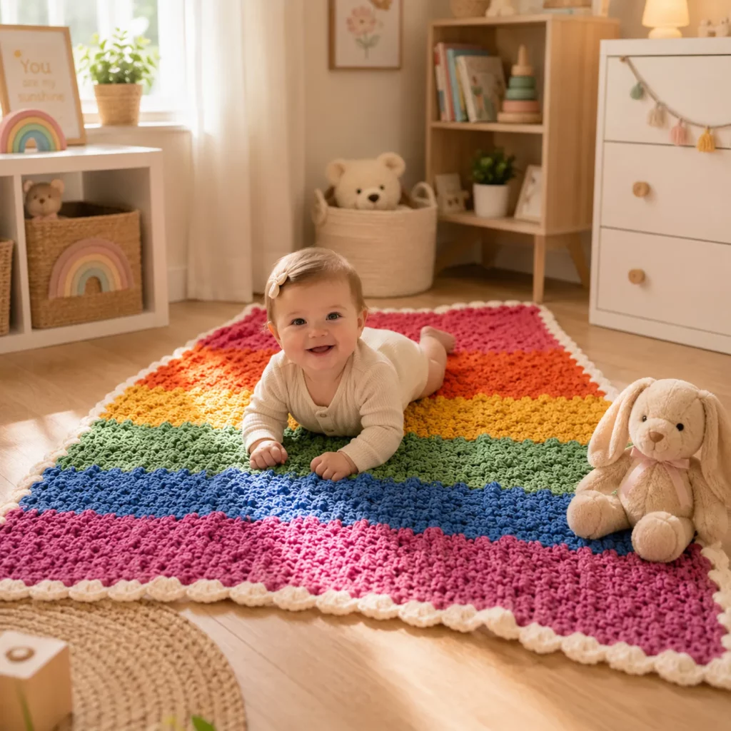 Cuddle Throw Crochet Pattern (Free)- A Cozy Rainbow Stripe Blanket With Soft Texture and Scalloped Border 11_result