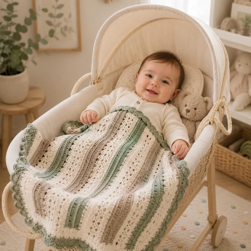 Striped Heirloom Baby Blanket Crochet Pattern (Free)- Easy Lace Panels + Scalloped Border for a Classic Nursery Look_result