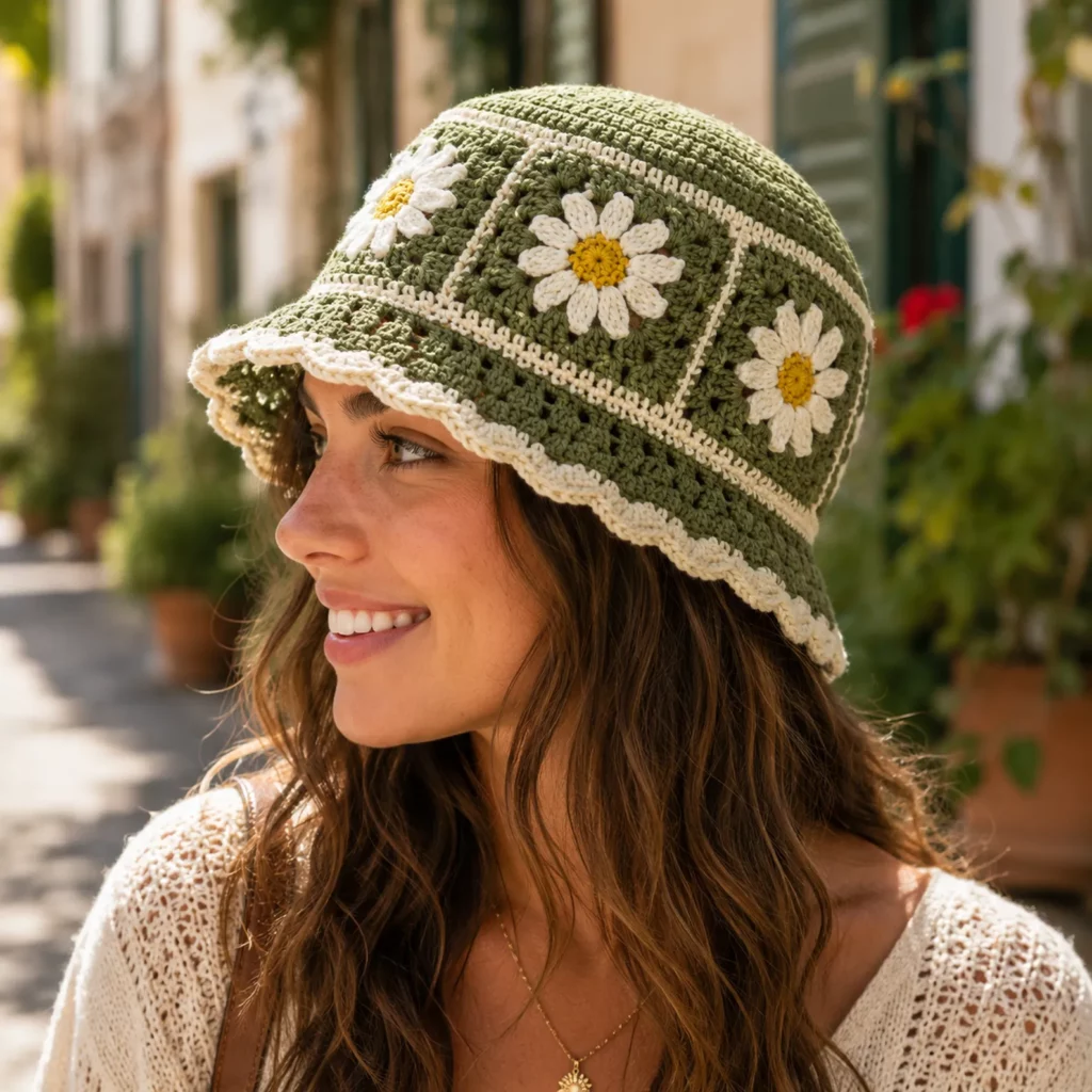 Daisy Patchwork Crochet Bucket Hat Pattern (Free)- A Cute Granny Square Sun Hat With Pastel Panels and Scalloped Brim 1_result