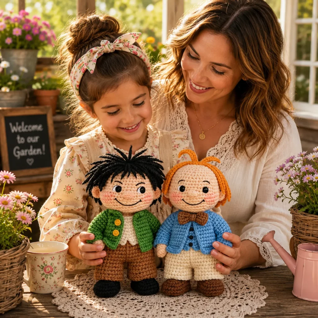 Crochet Pattern for Best Friend Amigurumi Dolls (Free)- Cute Matching Outfits With Cardigans, Bow Tie, and Yarn Hair 2_result