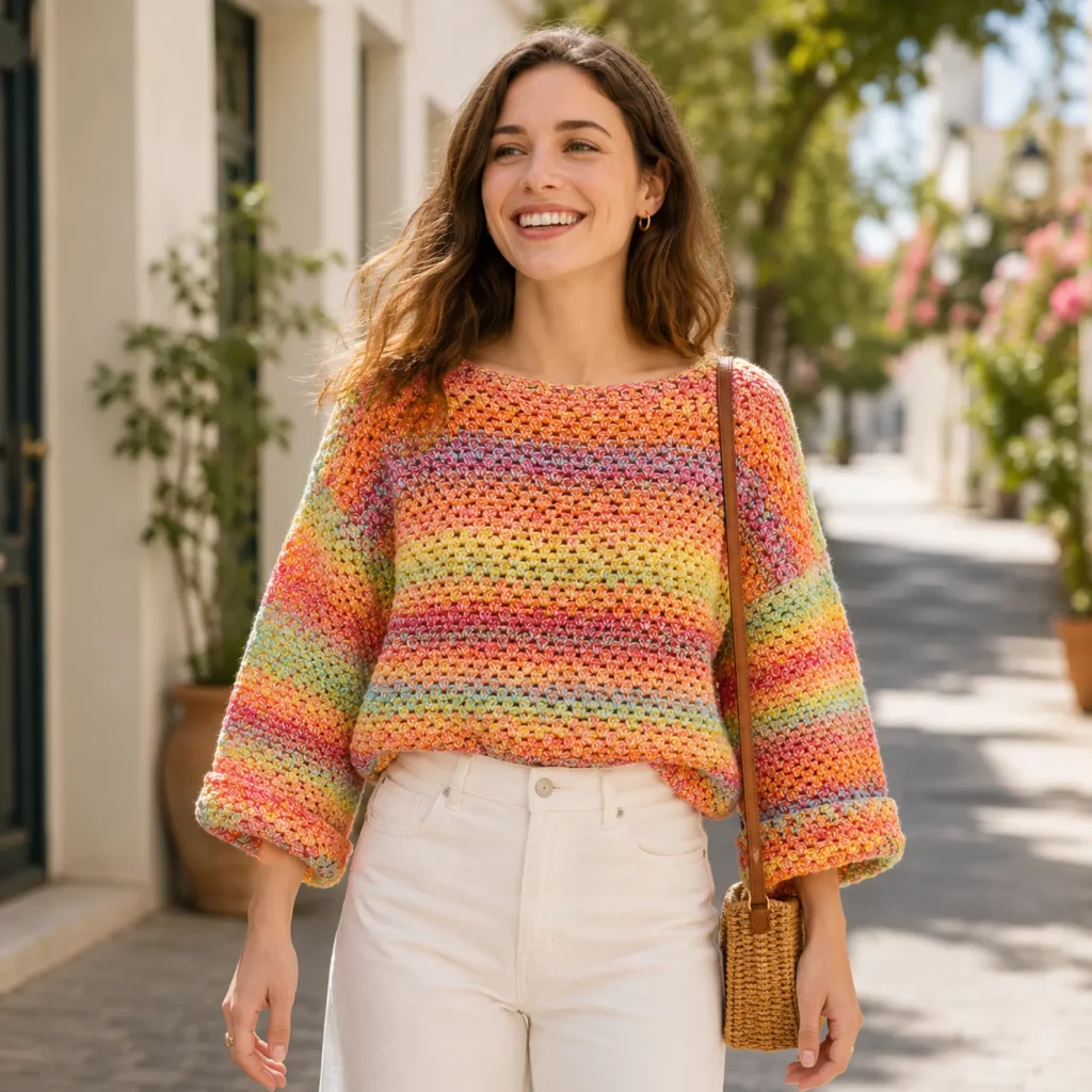 Colorful Crochet Pattern for a Cozy Women's Striped Pullover Sweater_result