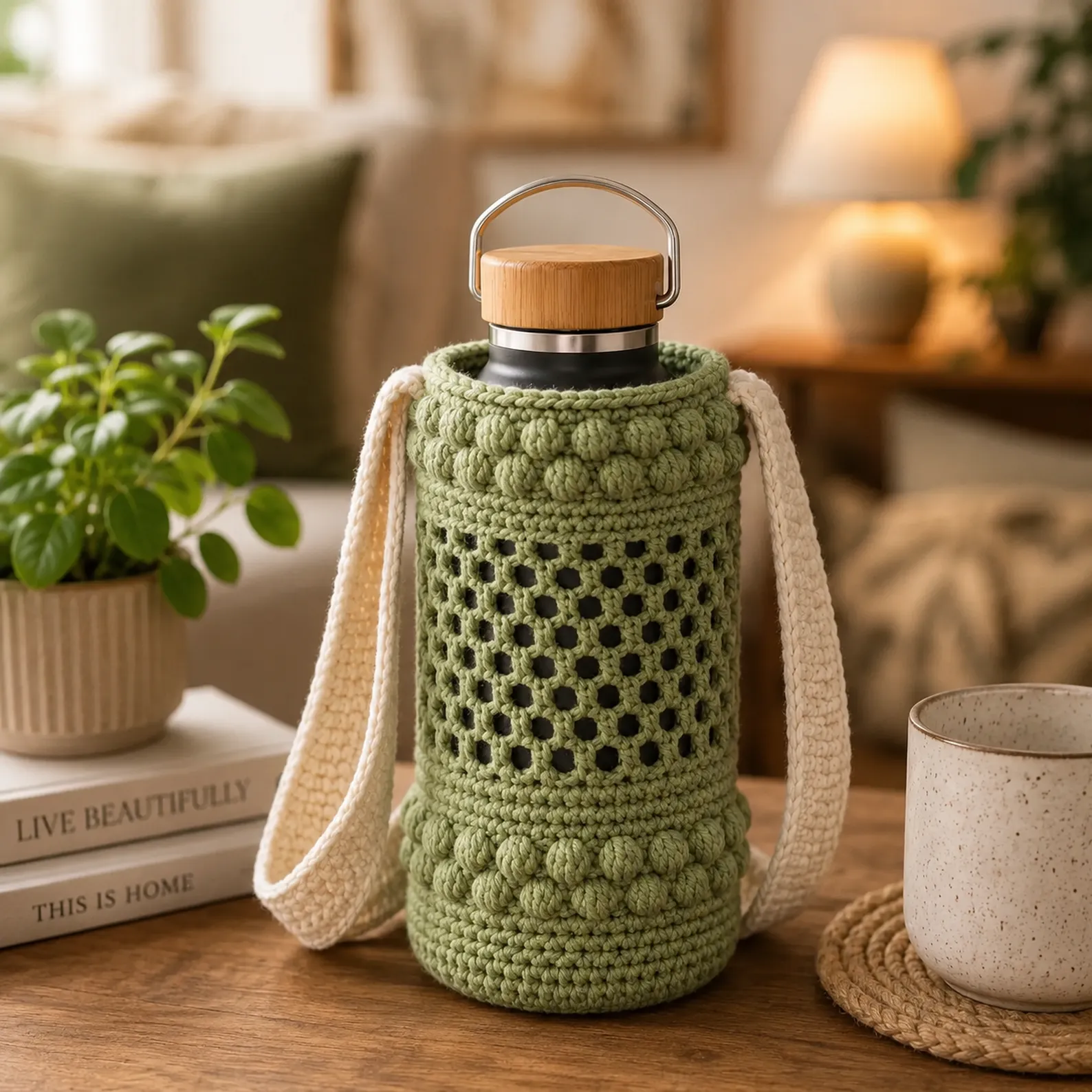 Crochet Water Bottle Holder Pattern (Free)- Easy Mesh Sling With Bobble Texture and Adjustable Strap_result