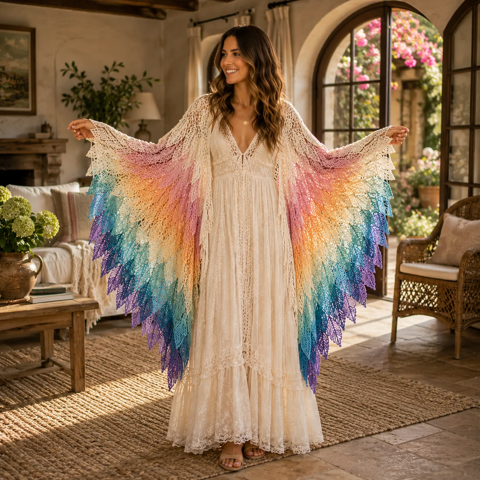 Crochet Leaf Cape Shawl Pattern (Free)- Stunning Rainbow Layered Wrap With Feather-Like Lace Motifs_result