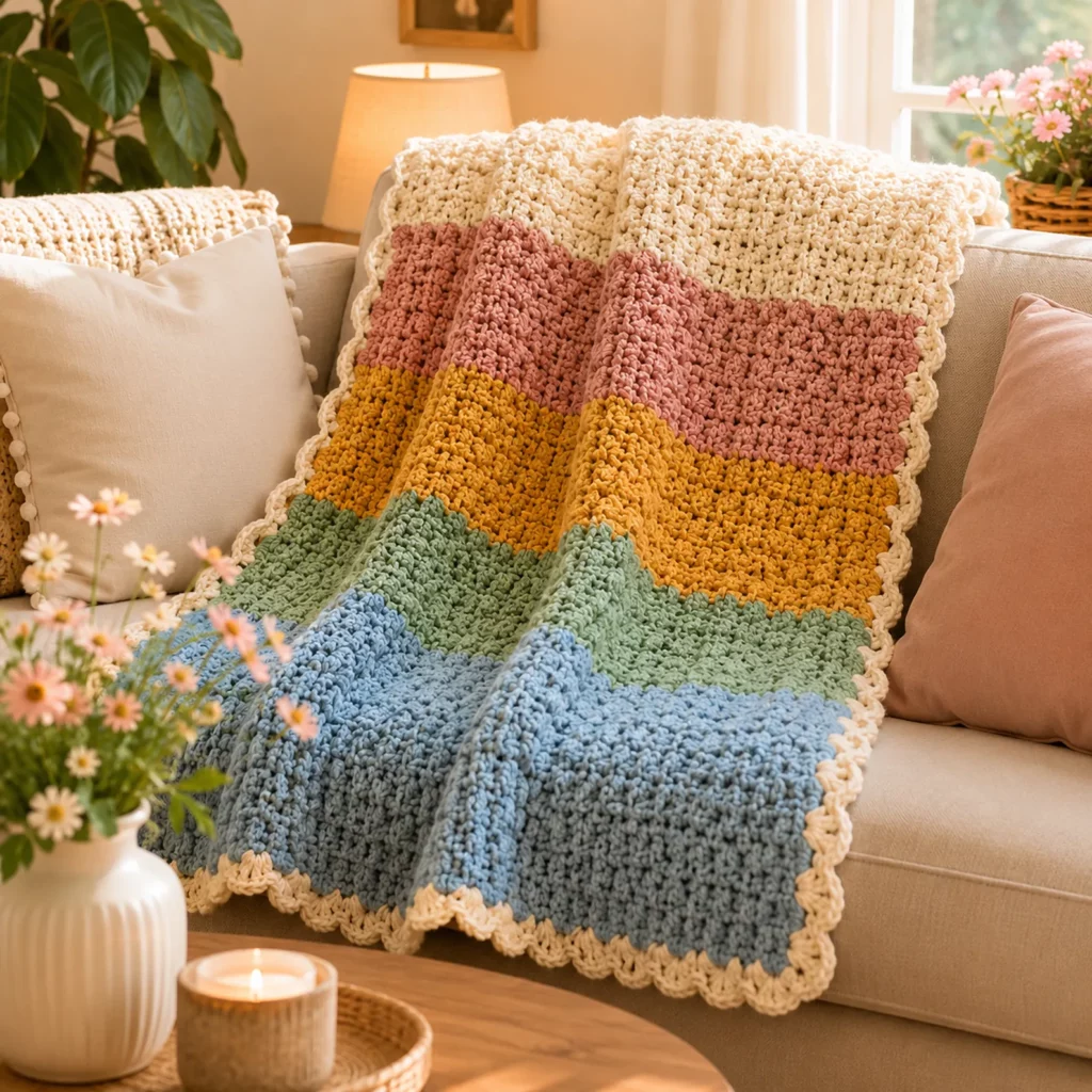 Cuddle Throw Crochet Pattern (Free)- A Cozy Rainbow Stripe Blanket With Soft Texture and Scalloped Border 2_result