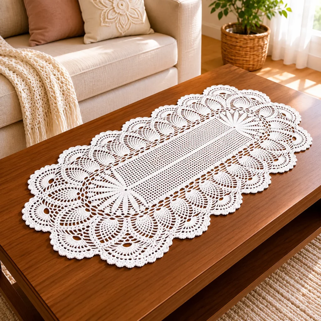 Elegant Lace Table Runner Crochet Pattern (Free)- Heirloom Filet Center With Pineapple Fans and Scalloped Edging_result