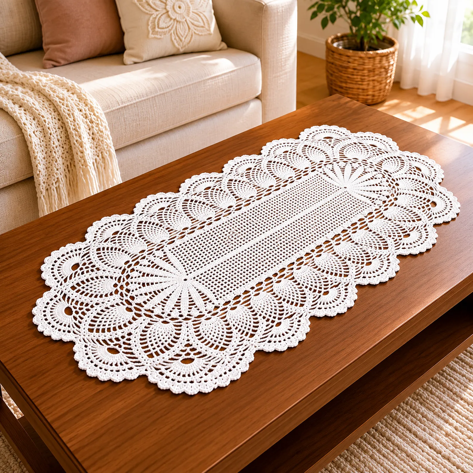 Elegant Lace Table Runner Crochet Pattern (Free): Heirloom Filet Center With Pineapple Fans and Scalloped Edging