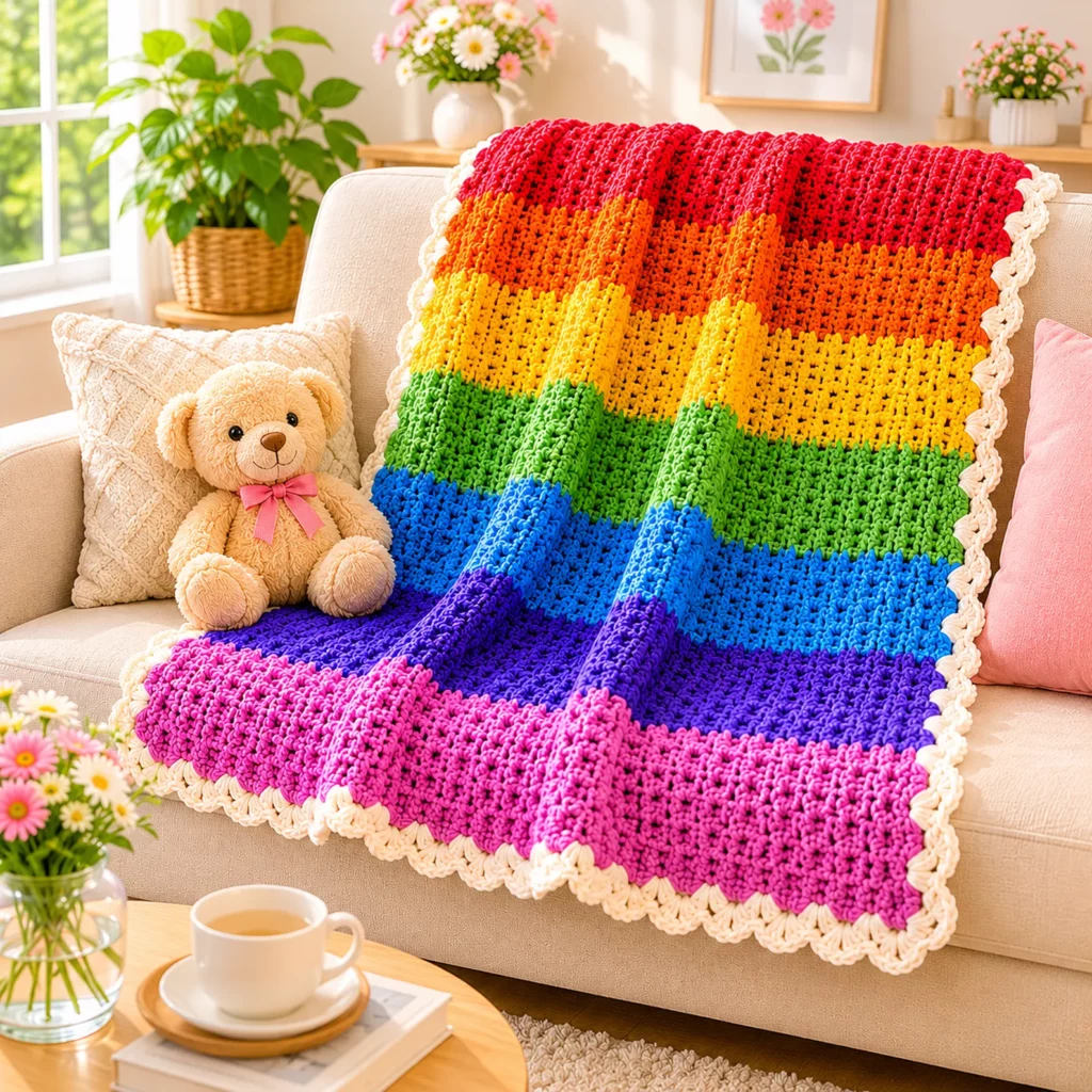 Cuddle Throw Crochet Pattern (Free)- A Cozy Rainbow Stripe Blanket With Soft Texture and Scalloped Border 0_result