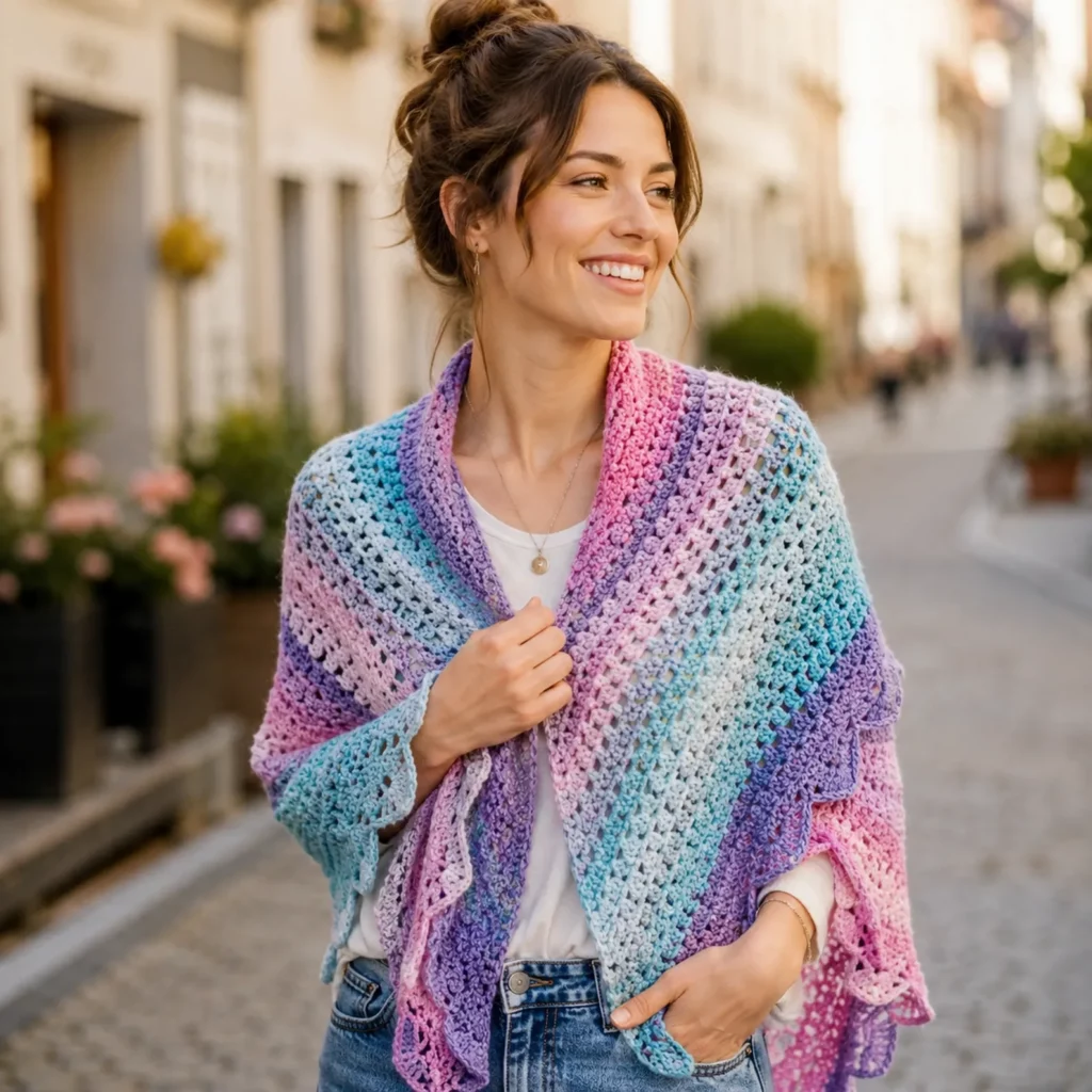 Easy Crochet Pattern for a Stunning Striped Scalloped Shawl 1_result