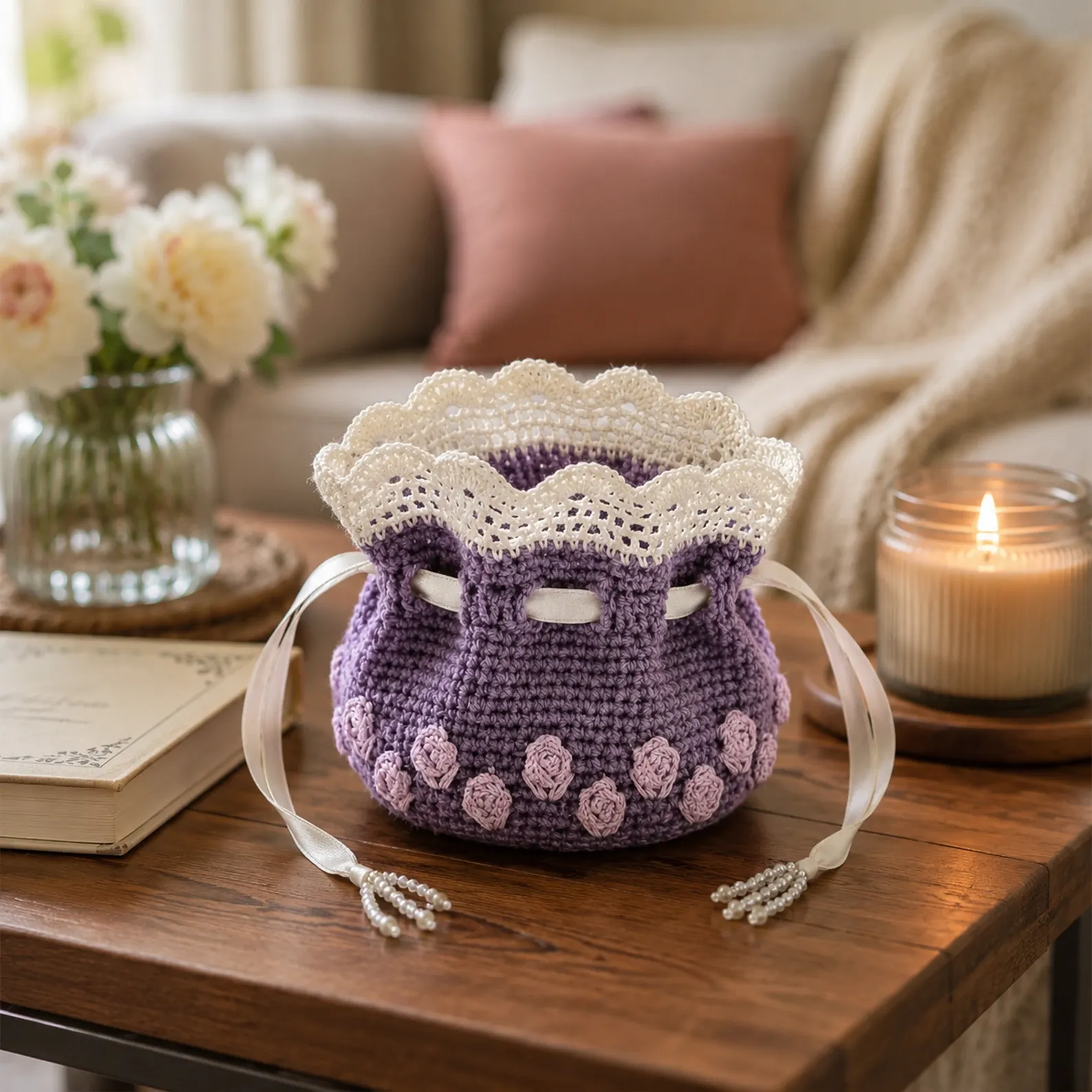 Vintage Rose Drawstring Pouch Crochet Pattern (Free): A Sweet Crochet Bag With Lace Ruffle Top and Ribbon Tie