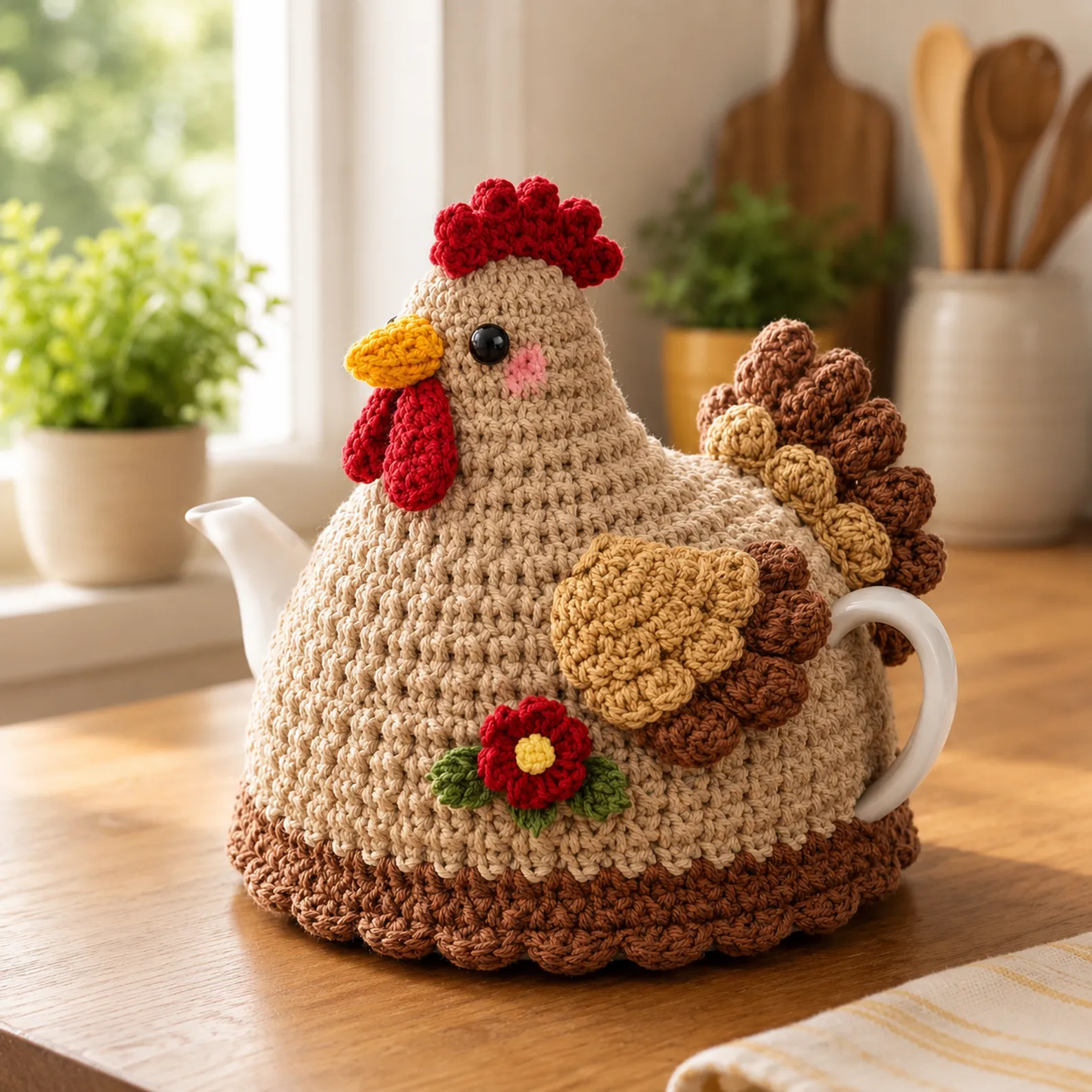 Chicken Teapot Cozy Crochet Pattern (Free): Cute Hen Tea Cosy With Bobble Base, Wings, Comb, and Flower Detail